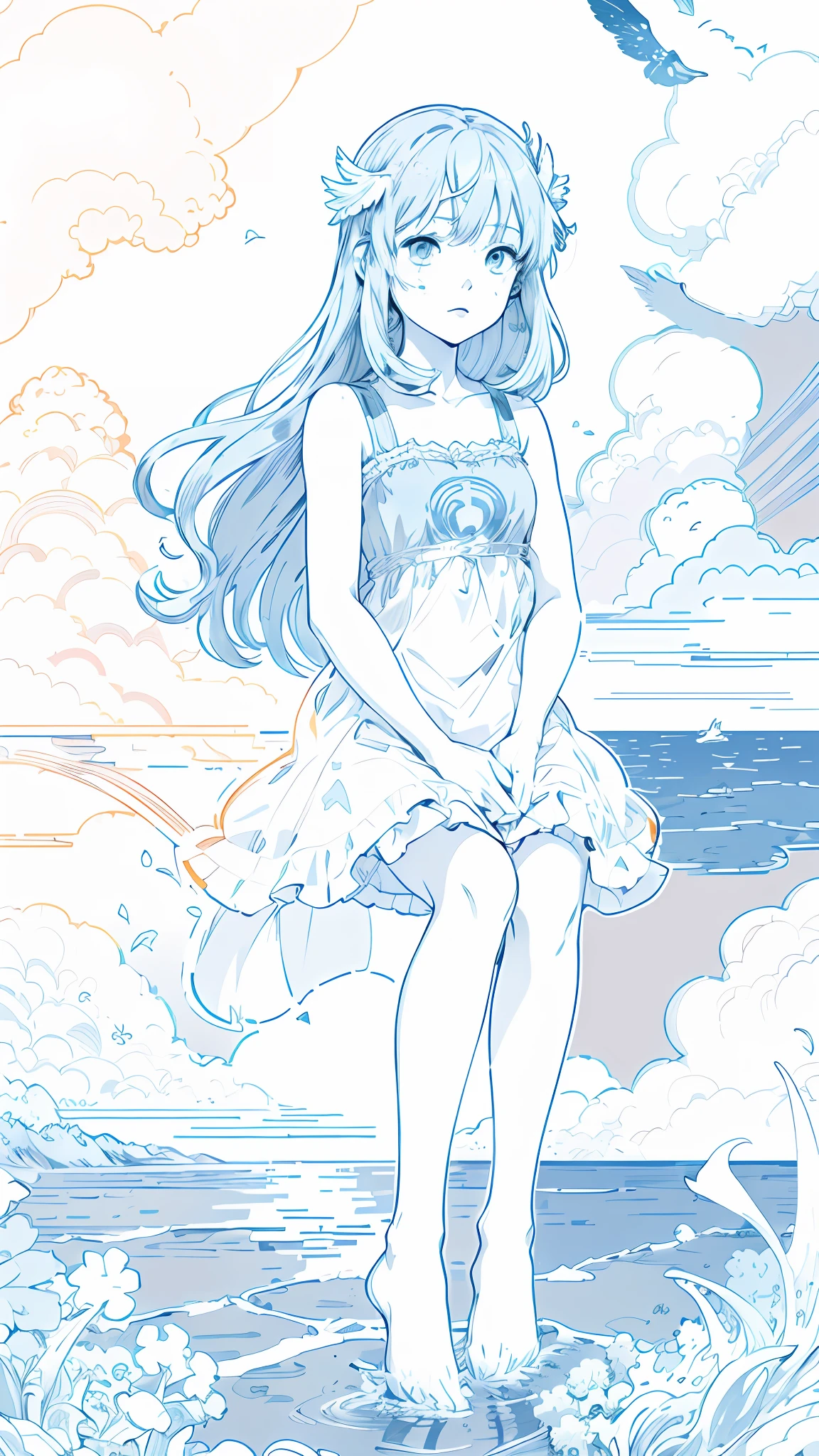 anime girl standing on a rock in the ocean with a bird flying in the background, cloud goddess, colored screentone, conrad roset and makoto shinkai, beautiful line art, moebius + loish, manga illustration, girl clouds, beautiful girl on the horizon, in style of manga, sui ishida art manga, loli in dress