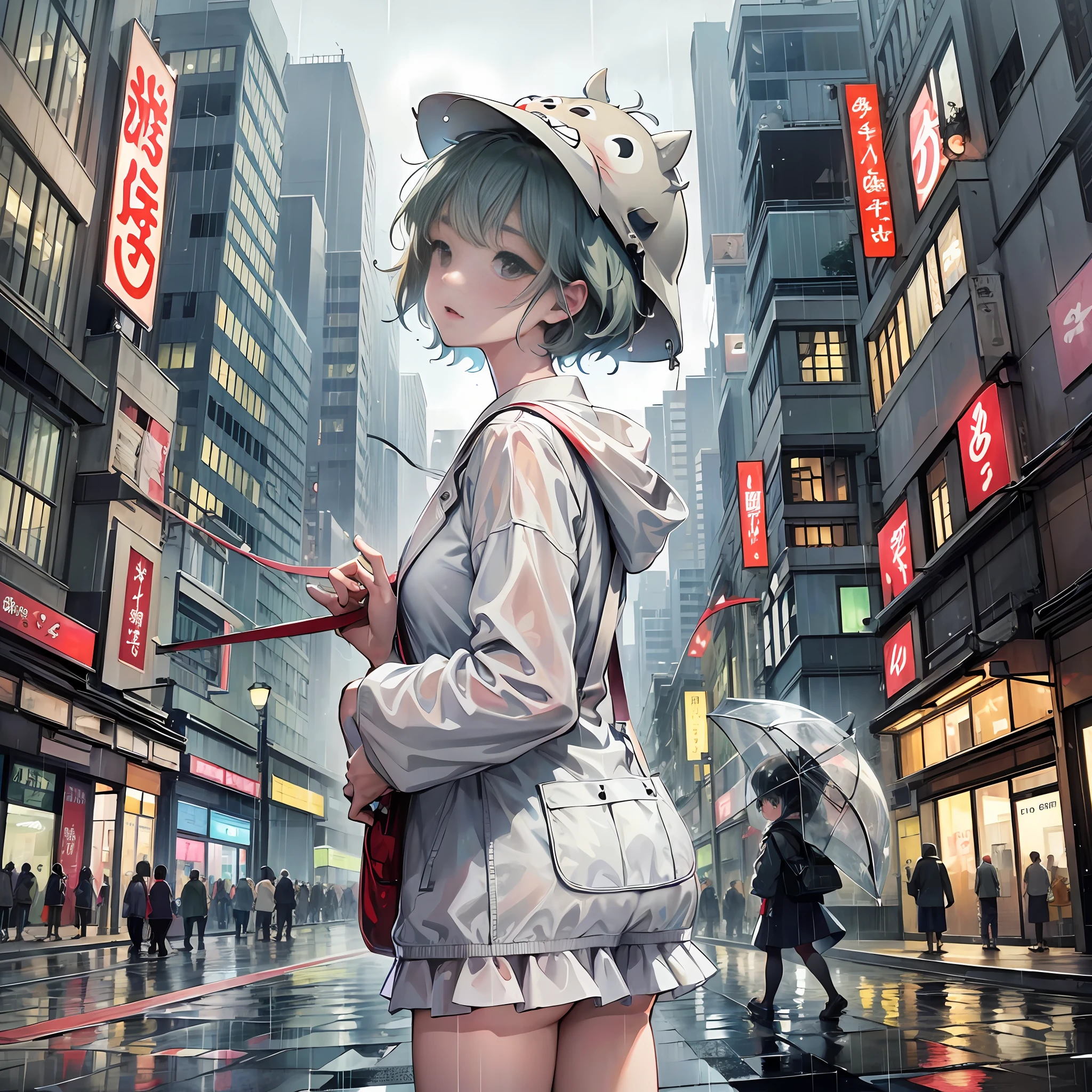 Miyazaki manga style, totoro, off-white skin, cityscape, facial details, perfect hands, perfect limbs, cute, rain, splash effect --auto --s2