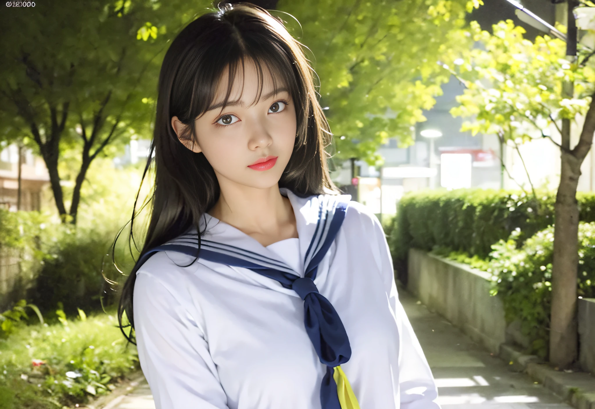 (8k, highest quality, masterpiece: 1.2), (realistic, photorealistic: 1.37), ultra-detail, highest quality, ultra-high resolution, professional lighting, photon mapping, radiosity, physically based rendering, cinematic lighting, blushing, depth of field, focusing, sunbeams, good composition, (bokeh: 1.2), 1 girl, (full body), (closed mouth), Beautiful eyes, pose, constriction, sailor suit, black hair, unkempt hair, long hair fluttering in the wind, (ulzzang-6500:1.2) mix4, hiqcgbody