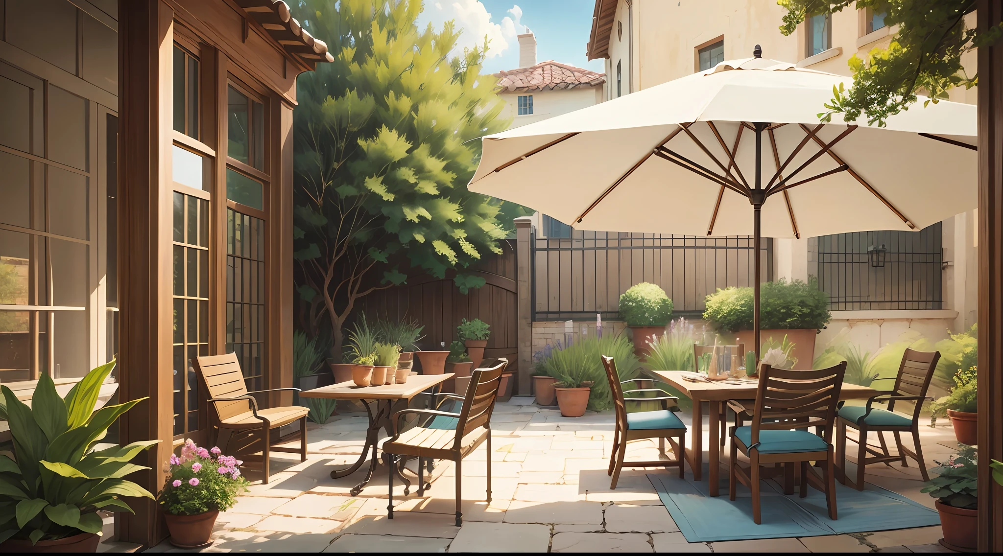 Courtyard painting with table, chairs and benches, relaxation concept art, (best quality: 1.2), (masterpiece: 1.2) --auto --s2
