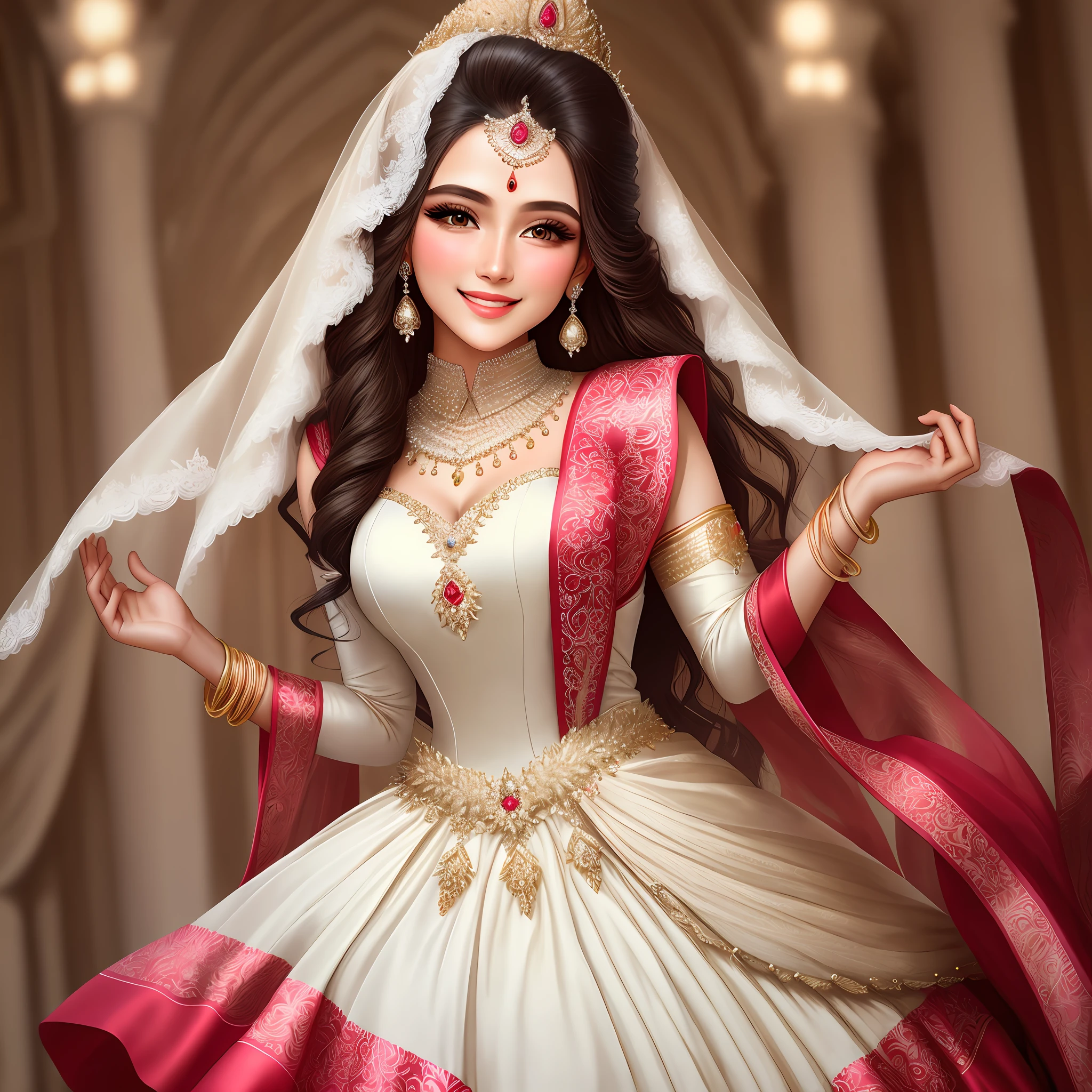 Beautiful model wear bridal dress , jewellery,full detailed ,high quality puffy lips , smiling,blushing ,