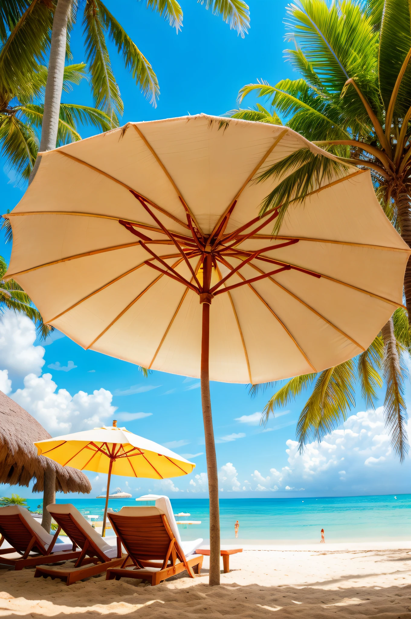 beach with coconut trees in the late afternoon focusing on the sandal, parasol and towel that are on the sand Clutter-Home (AtomPunkStyleSD15:1.0), (masterpiece:1.2) (photorealistic:1.2) (bokeh) (best quality) (detailed skin) (intricate) (8k) (HDR) (cinematic lighting) (sharp focus)