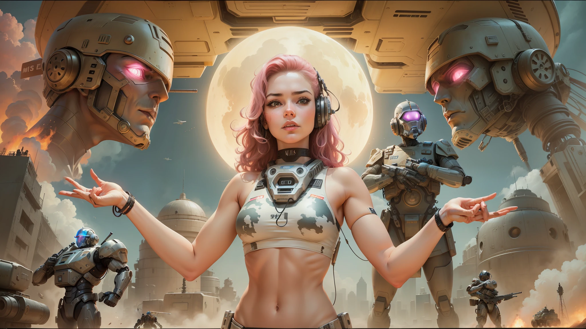 there is a woman holding a gun in front of a robot, mark schultz, brown and pink color scheme, megadeth, by Alton Tobey, retro and fantasy style, war in background, enormous chrome man, bbc promotional artwork, big computer, atomic age maximalist, giantess, vintage movie, pink hue, imaginefx, trending on artstaion --ar 16:9 --v 5.1