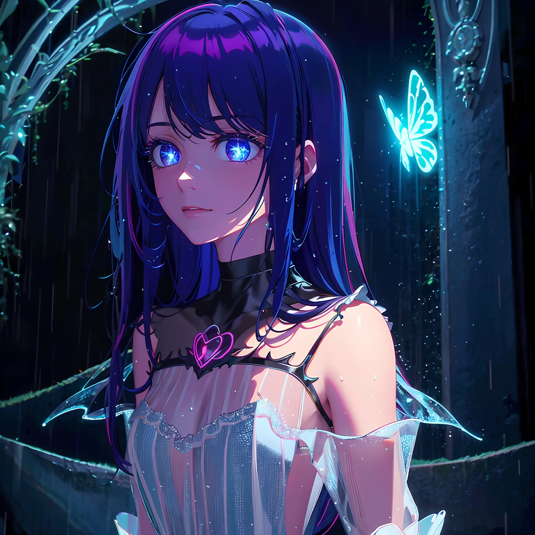 illustration, cinematic light, highres, highest quallity, ultra detailed, detailed face, (detailed eyes), best quality, hyper detailed, masterpiece, (detailed face), clean face, sexy mature woman wears transparent (torn) cloths, floating cloth, see through, choker, open cloths, nsfw, high heels, blue eyes, neon tiny glowing hair ends, dark fantasy forest, glowing plants with neon details, dark magic, (portal:1.15) to the underworld in the background, light reflection, heart shaped iris, playful eyes, open shoulder, rain, (wet body), tiny glowing butterfly, hair jewery