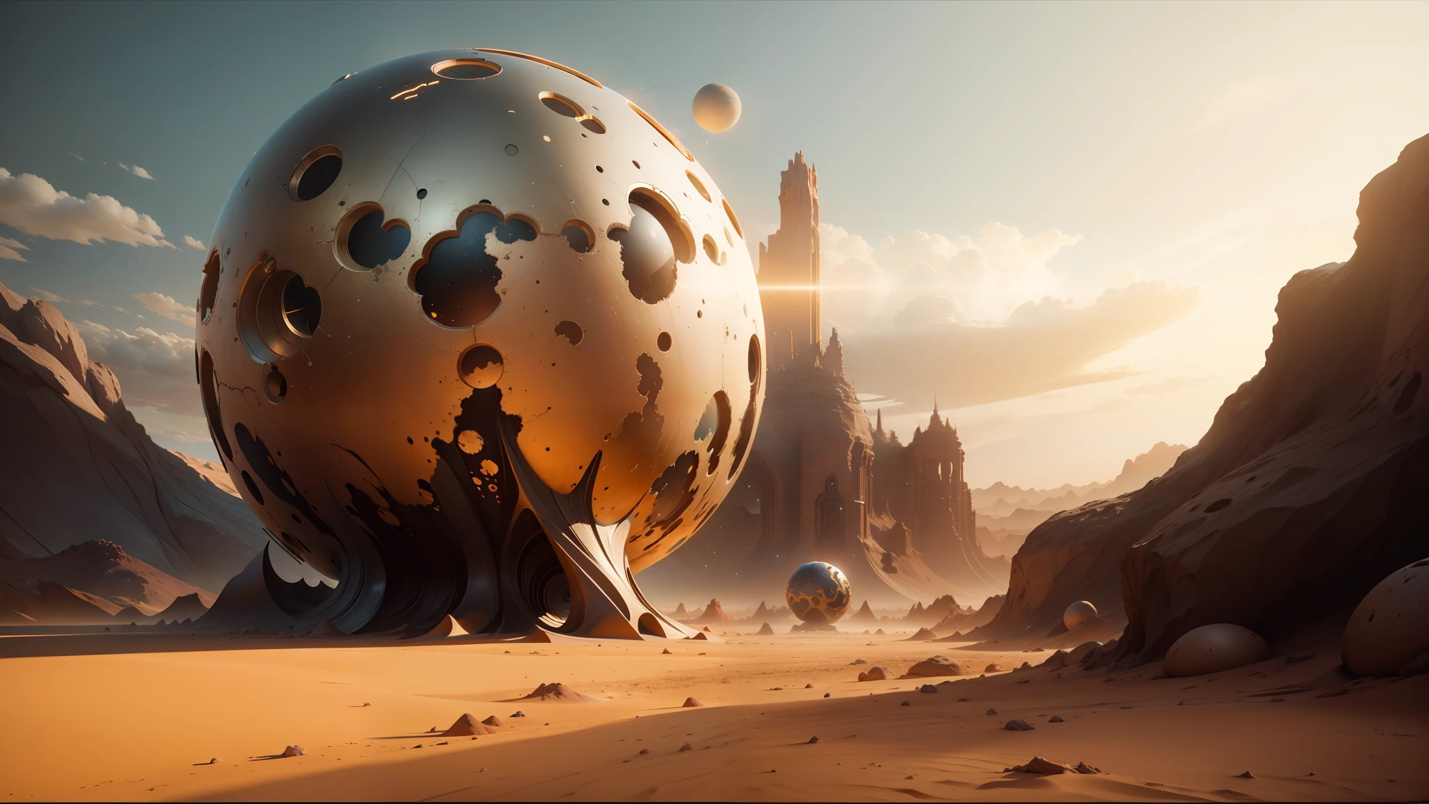 there is a large metal ball in the middle of a desert, inspired by Android Jones, unreal engine 5 », behance contest winner, trending on artstaton, amazing splashscreen artwork, still from a music video, cracked earth, dreamworld, by Daniël Mijtens, houdini sidefx, anamorphic