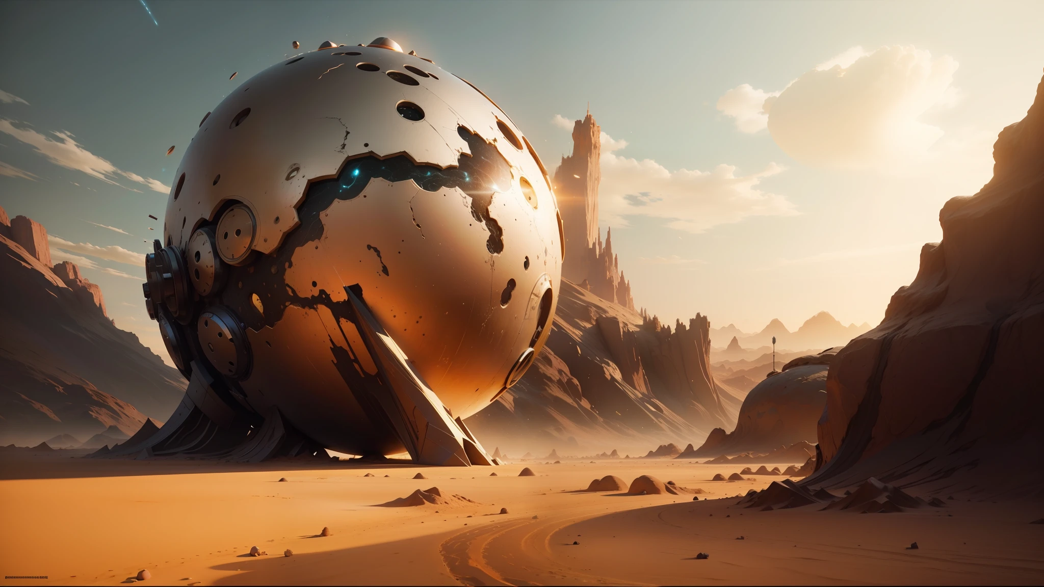 there is a large metal ball in the middle of a desert, inspired by Android Jones, unreal engine 5 », behance contest winner, trending on artstaton, amazing splashscreen artwork, still from a music video, cracked earth, dreamworld, by Daniël Mijtens, houdini sidefx, anamorphic