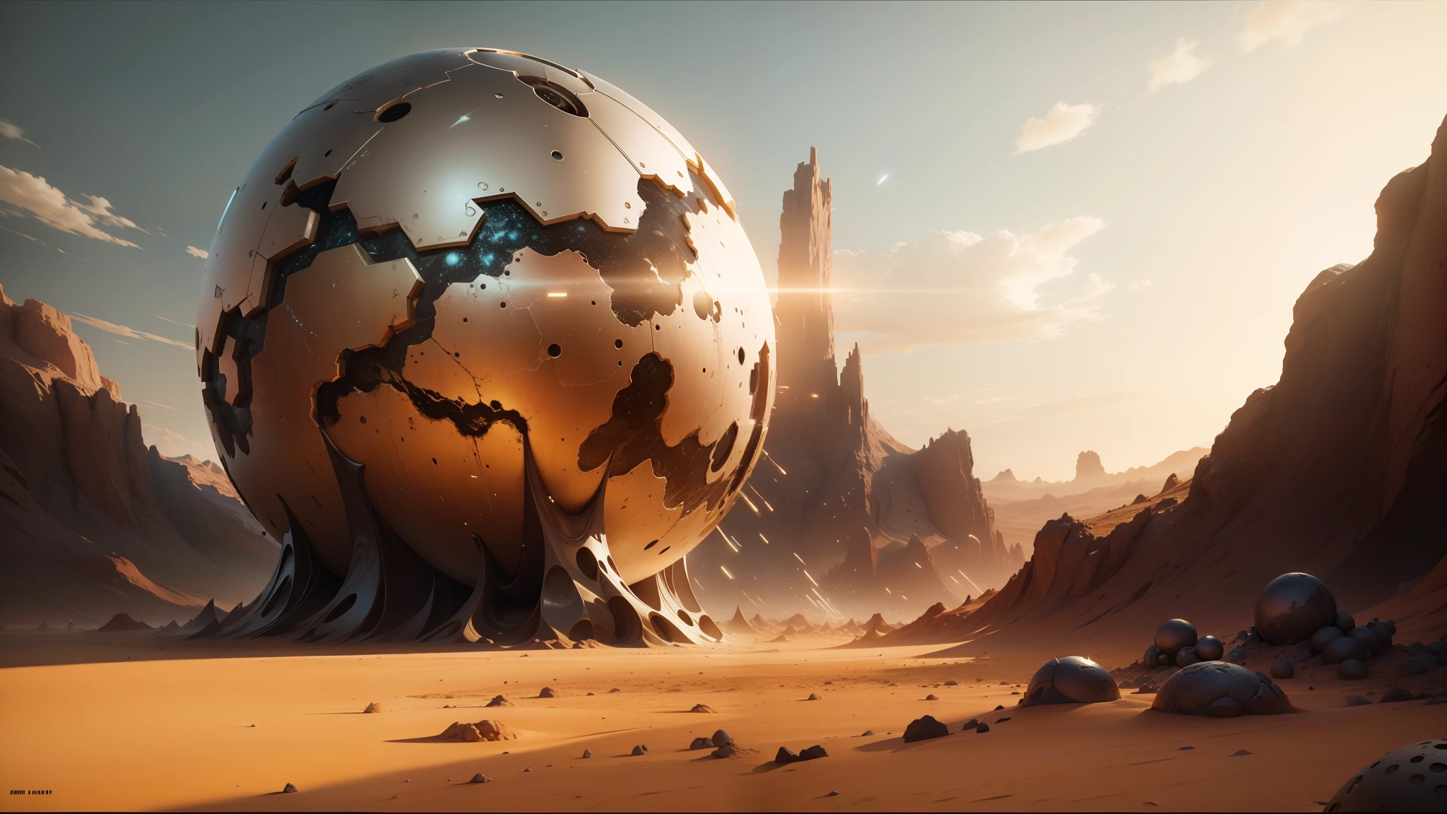 there is a large metal ball in the middle of a desert, inspired by Android Jones, unreal engine 5 », behance contest winner, trending on artstaton, amazing splashscreen artwork, still from a music video, cracked earth, dreamworld, by Daniël Mijtens, houdini sidefx, anamorphic