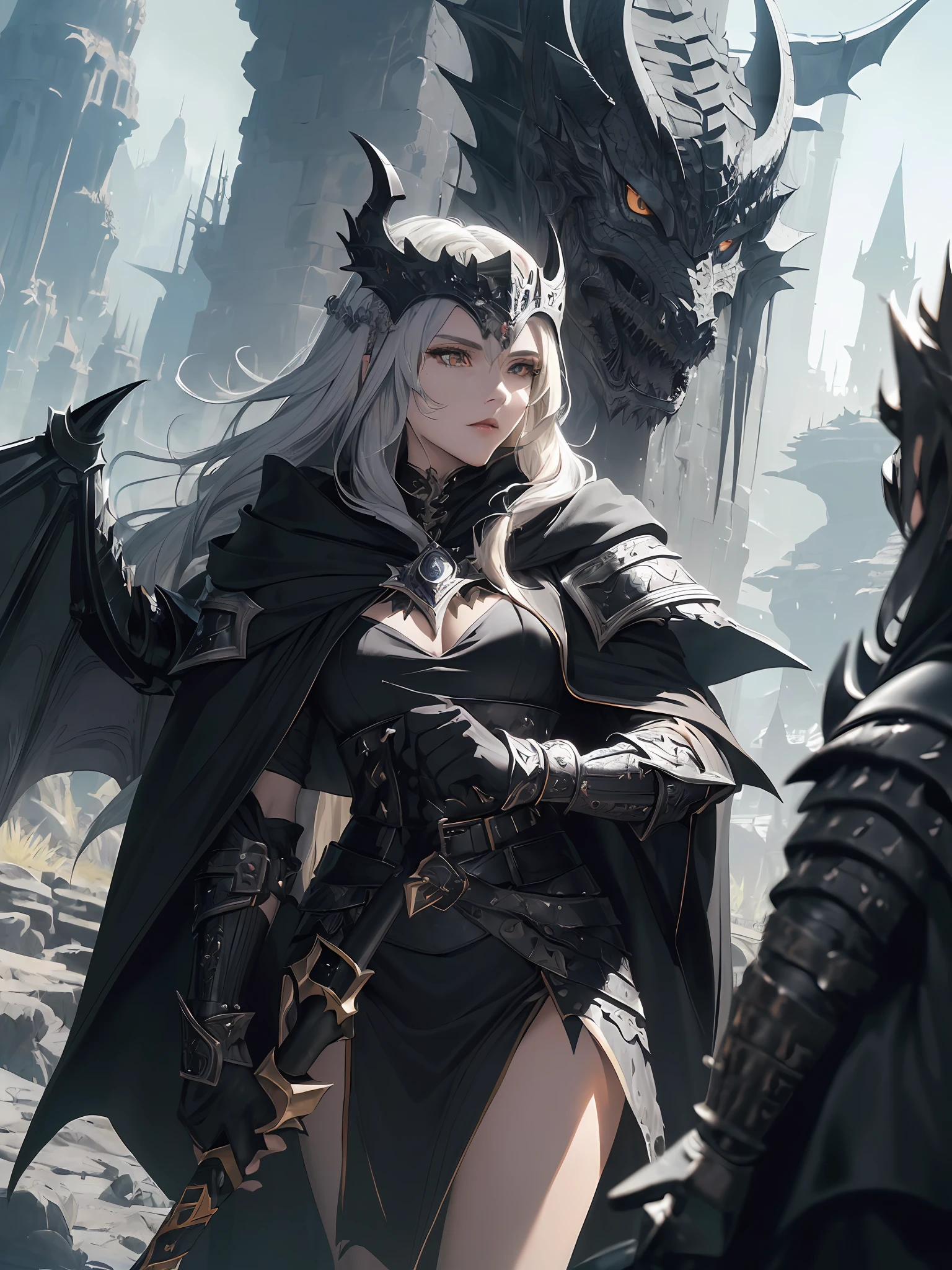 (((Masterpiece, Best Quality, High Definition, High Detail)))), ((((Fantasy)))), (One Barbarian Woman)), (Long Silver Blonde Hair), (Orange Eyes), (((Black Cloak)), Black Dragon Full Helm, Black Dragon Scale Armor, Black Dragon Gauntlet, Black Dragon Groove, ((Black Double Dragon Axe))