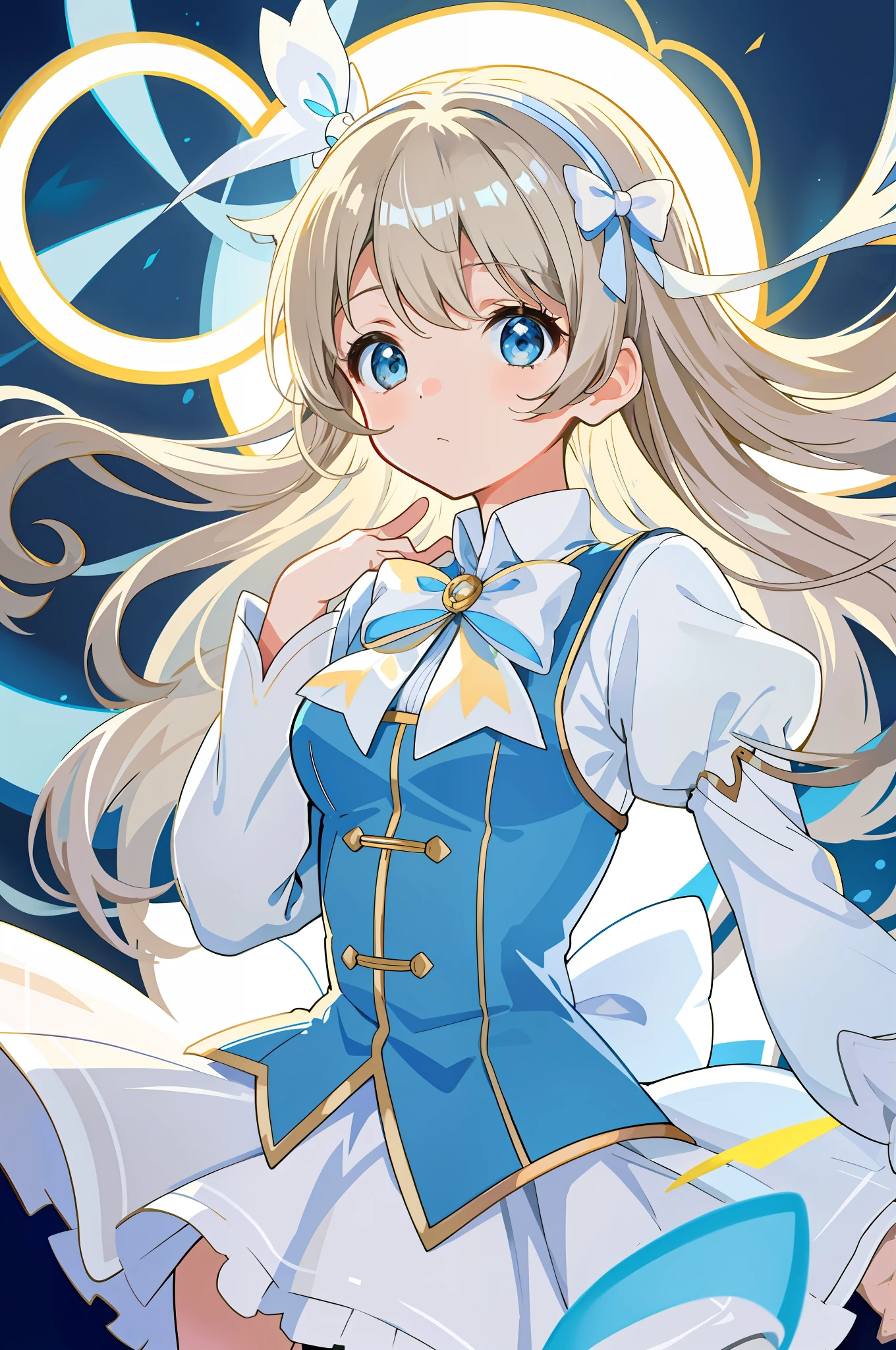 Best quality, super high resolution, 1girl, fairy tale style, light brown hair, light blue cute skirt, white bow, white stockings, cute, (platinum blonde: 1), (puffy eyes)), light blue round scalp shoes, golden bells, cute expression, bust, face focus, upper body