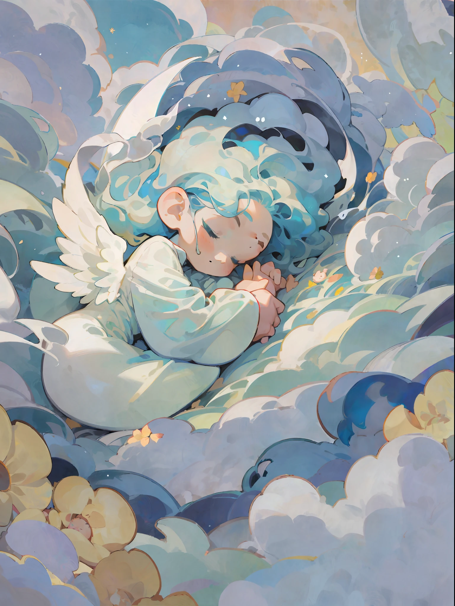 A , angel sleeping in the clouds, lovely, sunny, warm, perfect composition