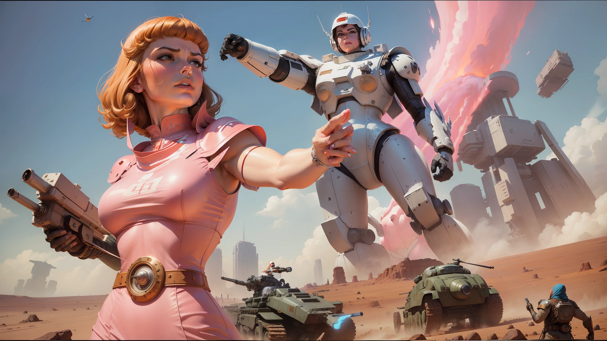 painting of a woman in a white dress standing in front of a giant robot, heavy metal band promo, cinemascope panorama, by ken kelly, inspired by Geof Darrow, barbarella, promotional artwork, by Juan Giménez, mastodon, by François Quesnel, marc brunet --ar 16:9 --v 5.1