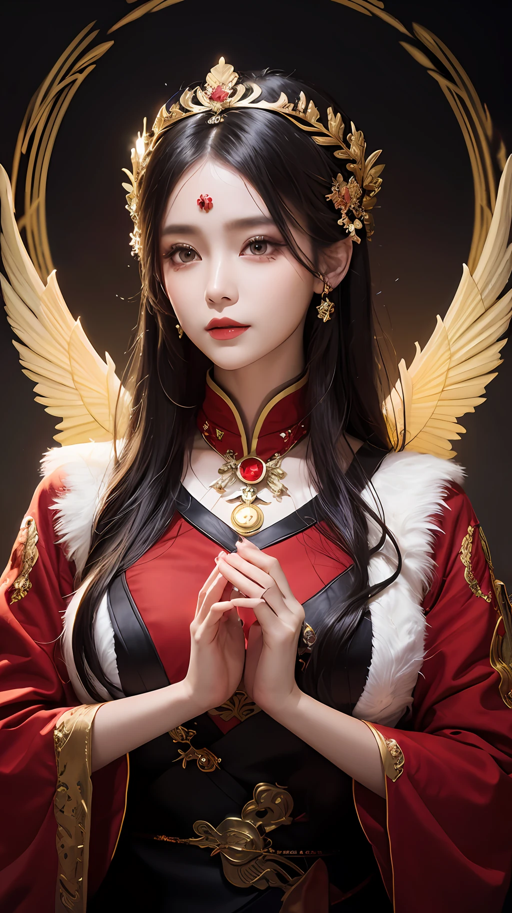 1 Beautiful fairy woman, In the Dark: 1.6), surreal female portrait by David Hockney and Alphonse Mucha, fantasy art, korea doll, photorealism, dynamic lighting, artstation, poster, volumetric lighting, very detailed faces, 8k ultra, all body, Awarded, in the dark, deep shadow, low key, cowboy lens, (Red phoenix dress: 1.4), long hair, black hair, bust, luxurious palace, Royal style,fairy woman crown, Big round black eyes, style Royal, The most beautiful face, big and regular breasts, Super realistic, chinese women's clothing, polo neck sweater, Charming smile, The eyes are very well made up, guweiz, hanfu, guweiz style artwork,loong, 1 hanfu style fantasy woman fairy, forehead tattoo Little red flame,Wear jewelry on the coated,Red antique tattoo,