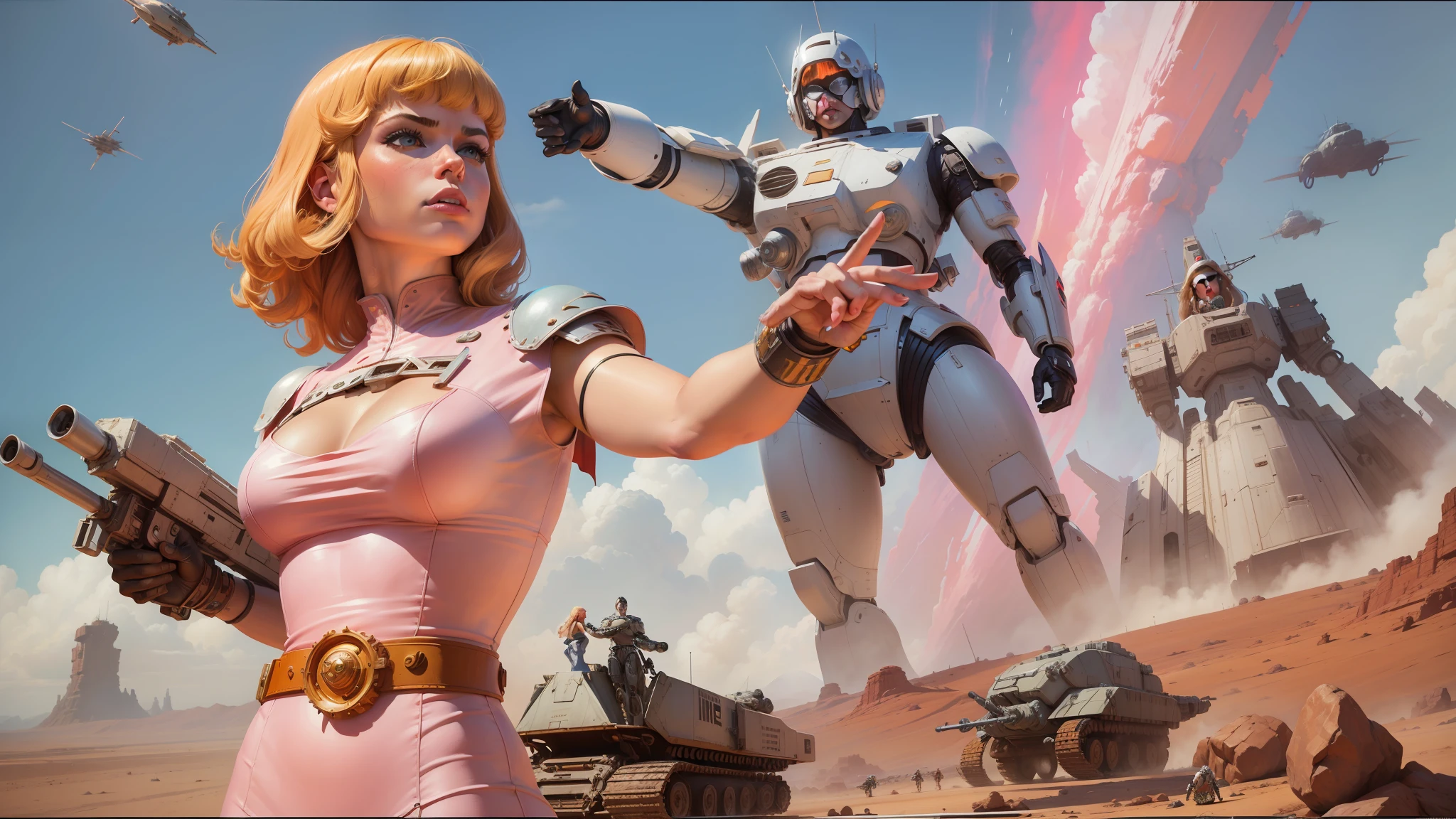 painting of a woman in a white dress standing in front of a giant robot, heavy metal band promo, cinemascope panorama, by ken kelly, inspired by Geof Darrow, barbarella, promotional artwork, by Juan Giménez, mastodon, by François Quesnel, marc brunet --ar 16:9 --v 5.1