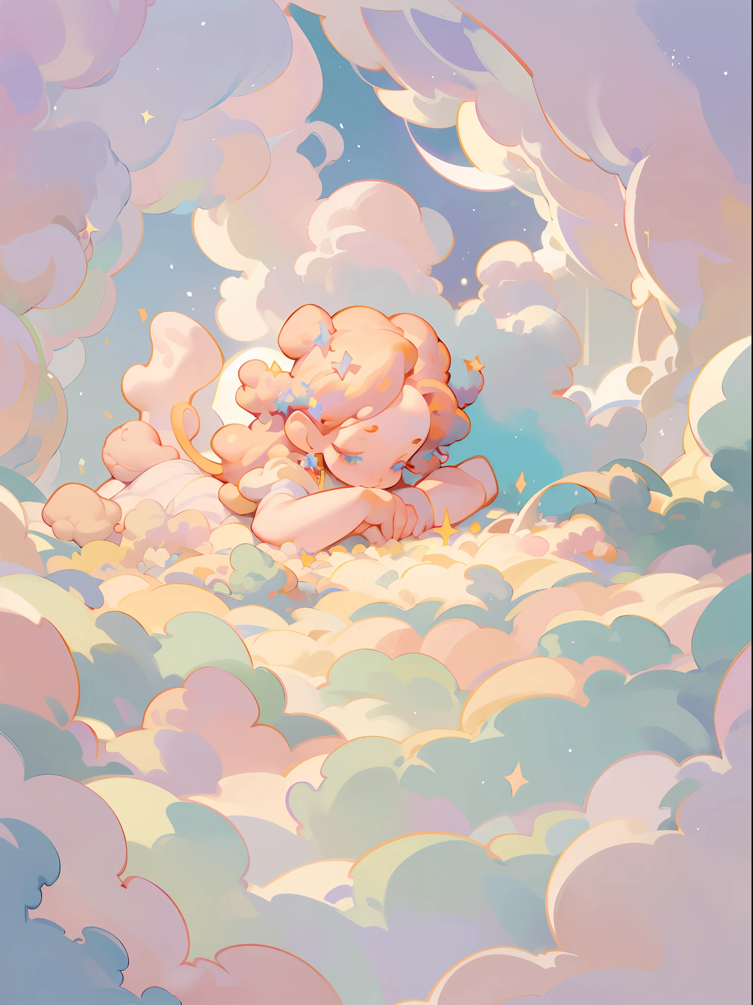 Angel baby lying in clouds, cute, warm, sunlight shining on him, in dark background, dynamic magic light golden flowing clouds, a, beautiful starry sky thick acrylic paint, soft lighting, bright, morning light, dreamy shadow, diorama style, illustration, fantasy style, pastel color, medieval, fantasy float, tyndall effect, 8K