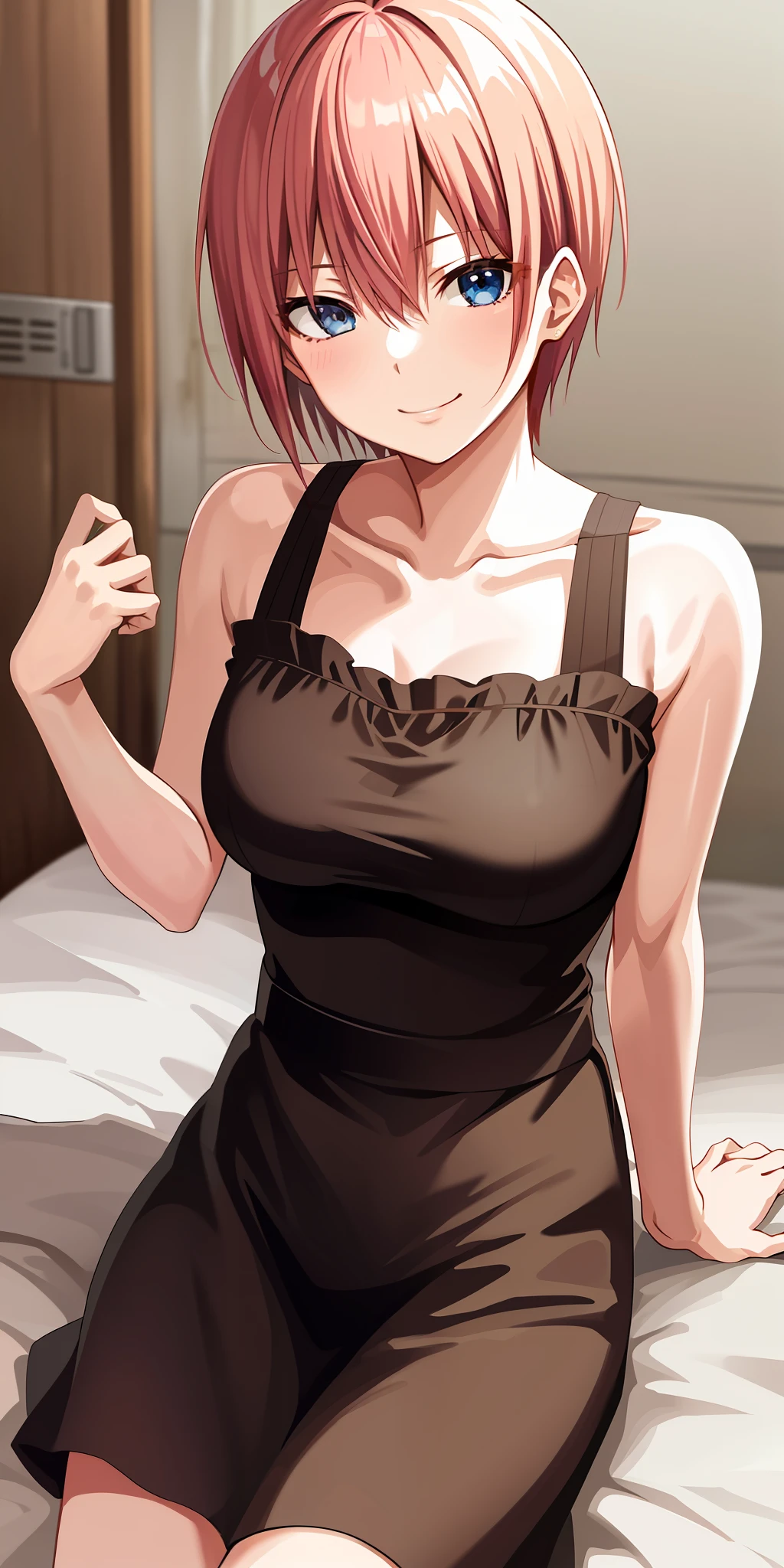 2d, masterpiece, best quality, anime, highly detailed, 1girl, solo, cowboy shot, nakano ichika, pink hair, short hair, night dress, collarbone, medium breasts, smile, bedroom, sit,