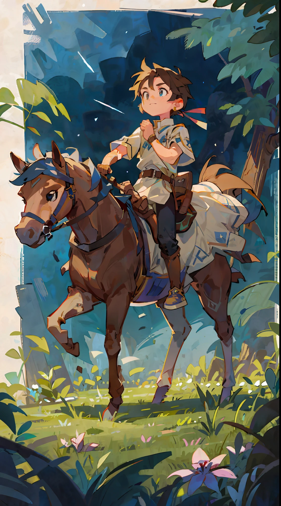 Prairie, a boy, horseback, knight, night, Zelda dressed up, starry