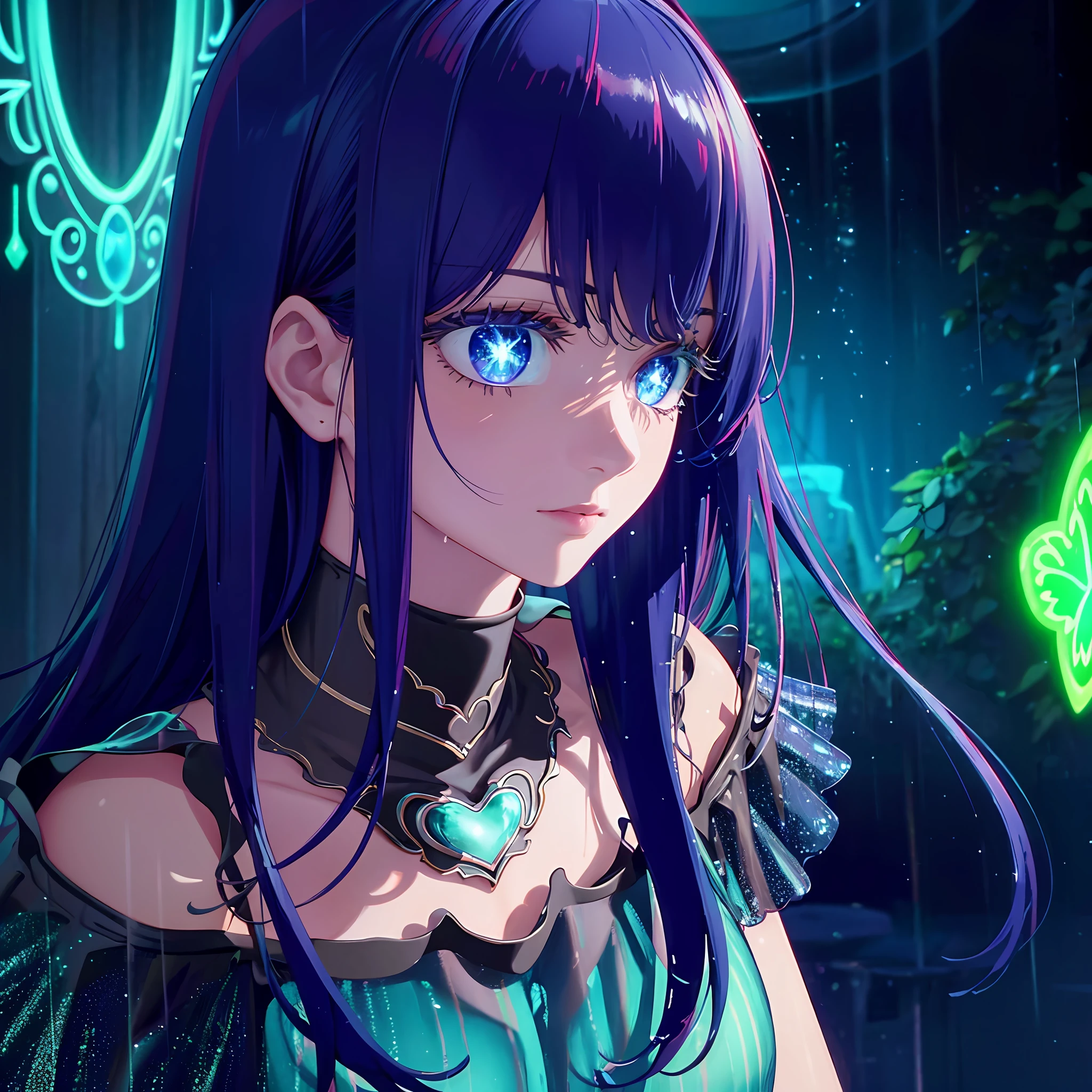 illustration, cinematic light, highres, highest quallity, ultra detailed, detailed face, (detailed eyes), best quality, hyper detailed, masterpiece, (detailed face), clean face, sexy mature woman wears transparent (torn) cloths, floating cloth, see through, choker, open cloths, nsfw, high heels, blue eyes, neon tiny glowing hair ends, dark fantasy forest, glowing plants with neon details, dark magic, (portal:1.15) to the underworld in the background, light reflection, heart shaped iris, playful eyes, open shoulder, rain, (wet body), tiny glowing butterfly, hair jewery