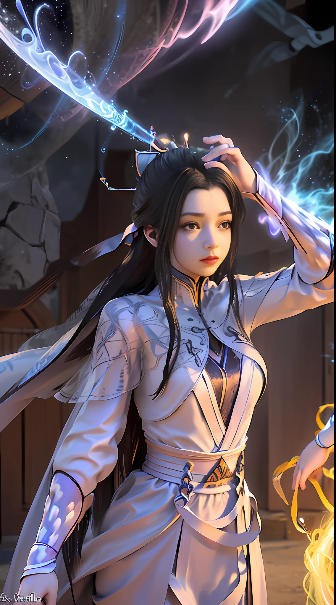 (masterpiece, top quality, best quality, official art, beautiful and aesthetic:1.2), (1girl), extreme detailed, (fractal art:1.3), colorful, highest detailed, perfect face, upper body, HDR, (praying:1.3), (white cloak golden lines:1.2), galaxy, (light streaks), striking visuals, (dynamic streaks, luminous trails:1.2), vibrant colors,
