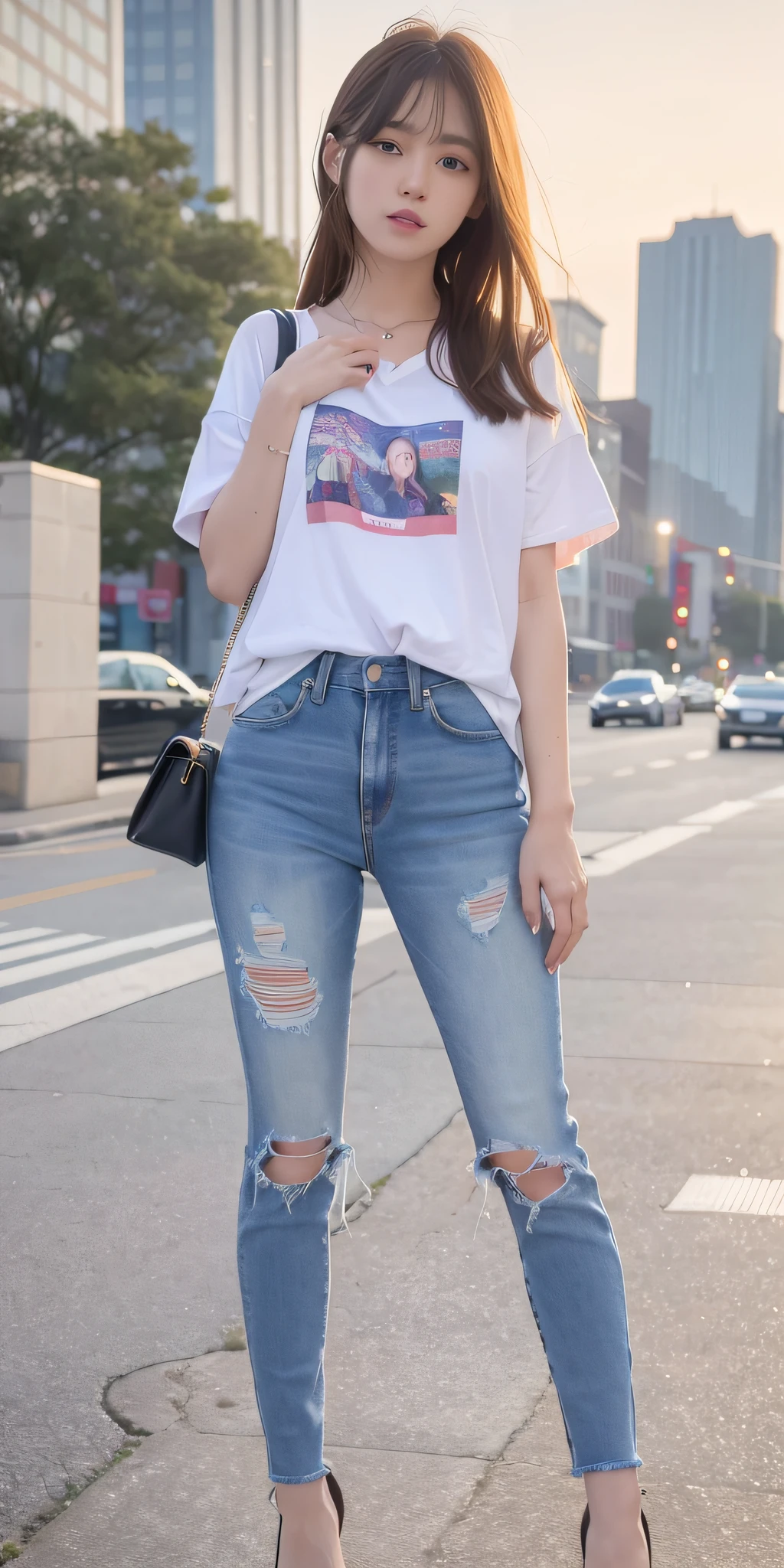 mix4, 20d, solo, long_hair, Nanase Nishino, Haruka Kaki, Jeans, Shirt, high_heels,full_body, look_at_viewer, (8K, RAW photography, best quality, masterpiece:1.2), (Realistic, Photorealism: 1.37), Professional Lighting, Photon Mapping, Radio City, Physically Based Rendering
