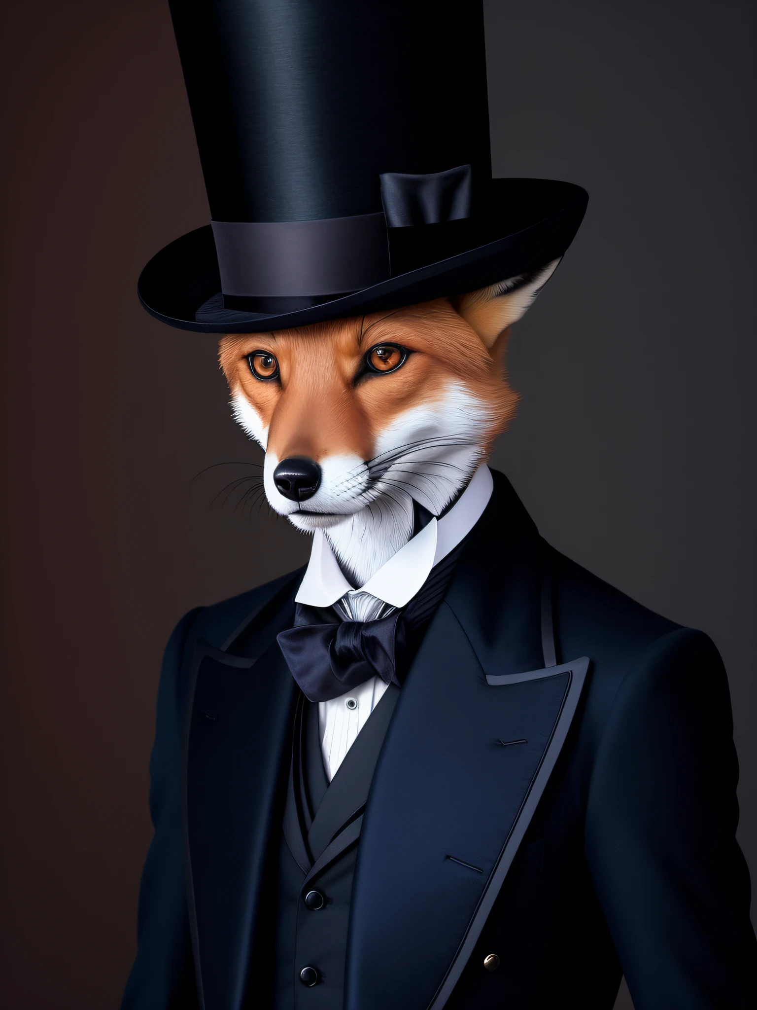 Fox in top hat and suit with tie, elegant fox, masterpiece, amazing details, fox in top hat, dignified aristocrat, steampunk fox, dressed in gorgeous clothes, epic elegant portrait, well-dressed, serious, he looks very delicate, he wears a top hat, anthropomorphic fox, wears a top hat