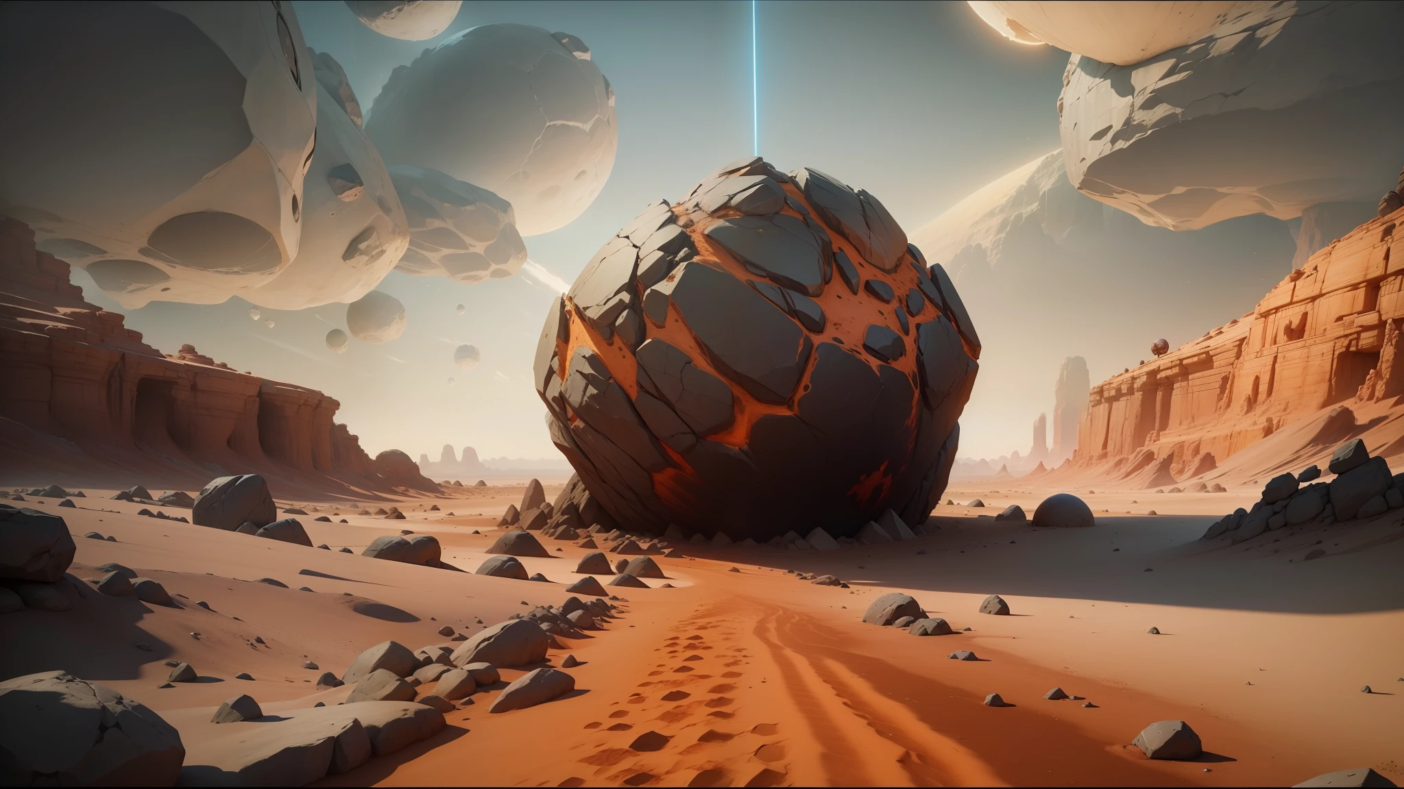 there is a large rock in the middle of a desert, unreal engine 5 showcase, jodorowsky's dune, by Erwin Bowien, video game screenshot>, asteroids, siggraph, 2 0 1 9, a large sphere of red energy, video game assets, inspired by Matthijs Naiveu