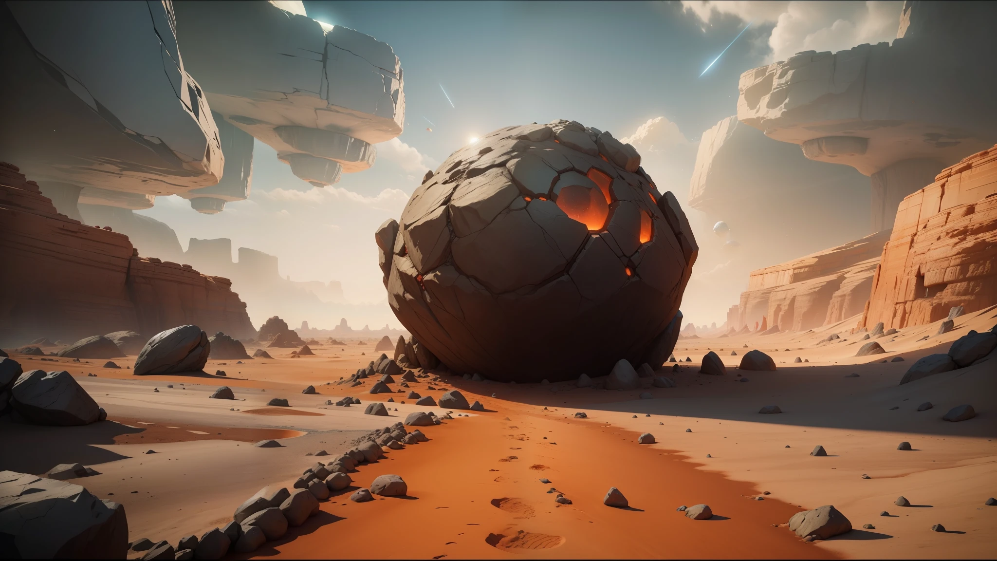 there is a large rock in the middle of a desert, unreal engine 5 showcase, jodorowsky's dune, by Erwin Bowien, video game screenshot>, asteroids, siggraph, 2 0 1 9, a large sphere of red energy, video game assets, inspired by Matthijs Naiveu