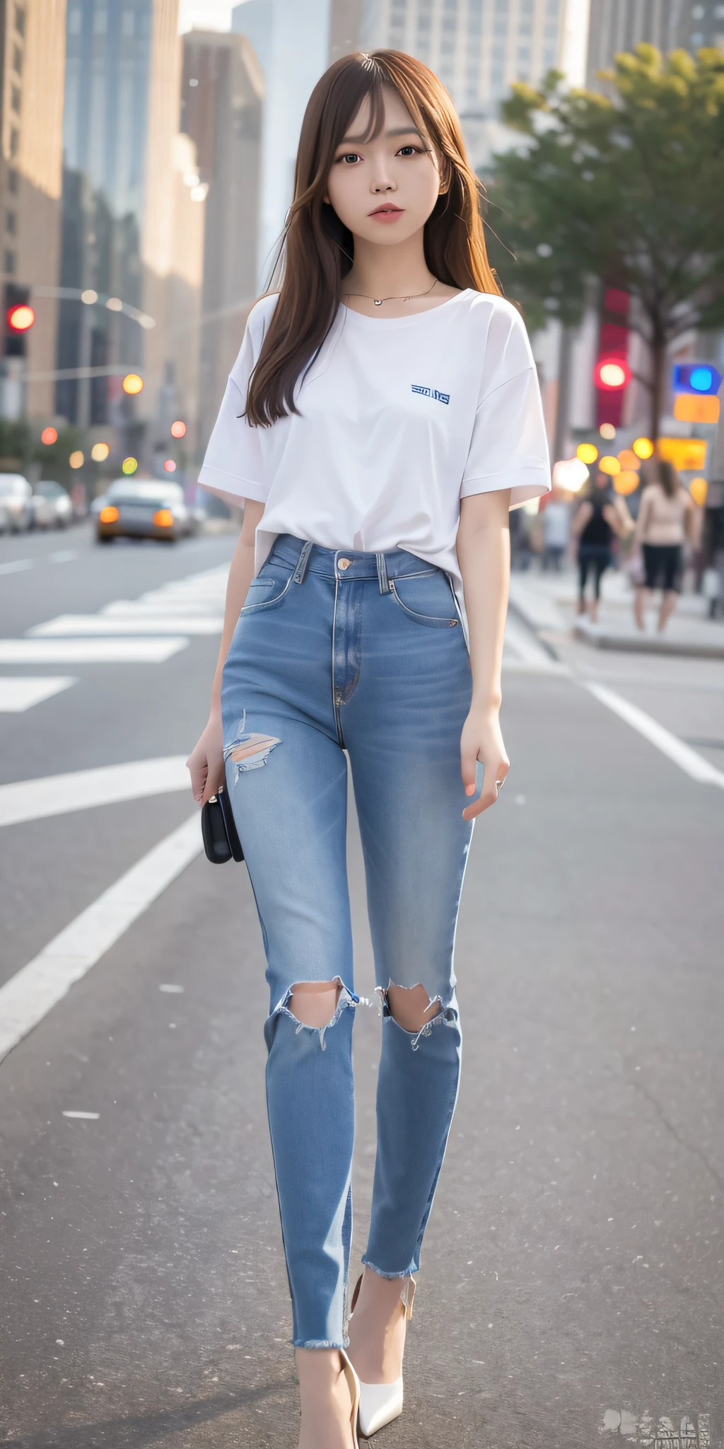 mix4, 20d, solo, long_hair, Nanase Nishino, Haruka Kaki, Jeans, Shirt, high_heels,full_body, look_at_viewer, (8K, RAW photography, best quality, masterpiece:1.2), (Realistic, Photorealism: 1.37), Professional Lighting, Photon Mapping, Radio City, Physically Based Rendering