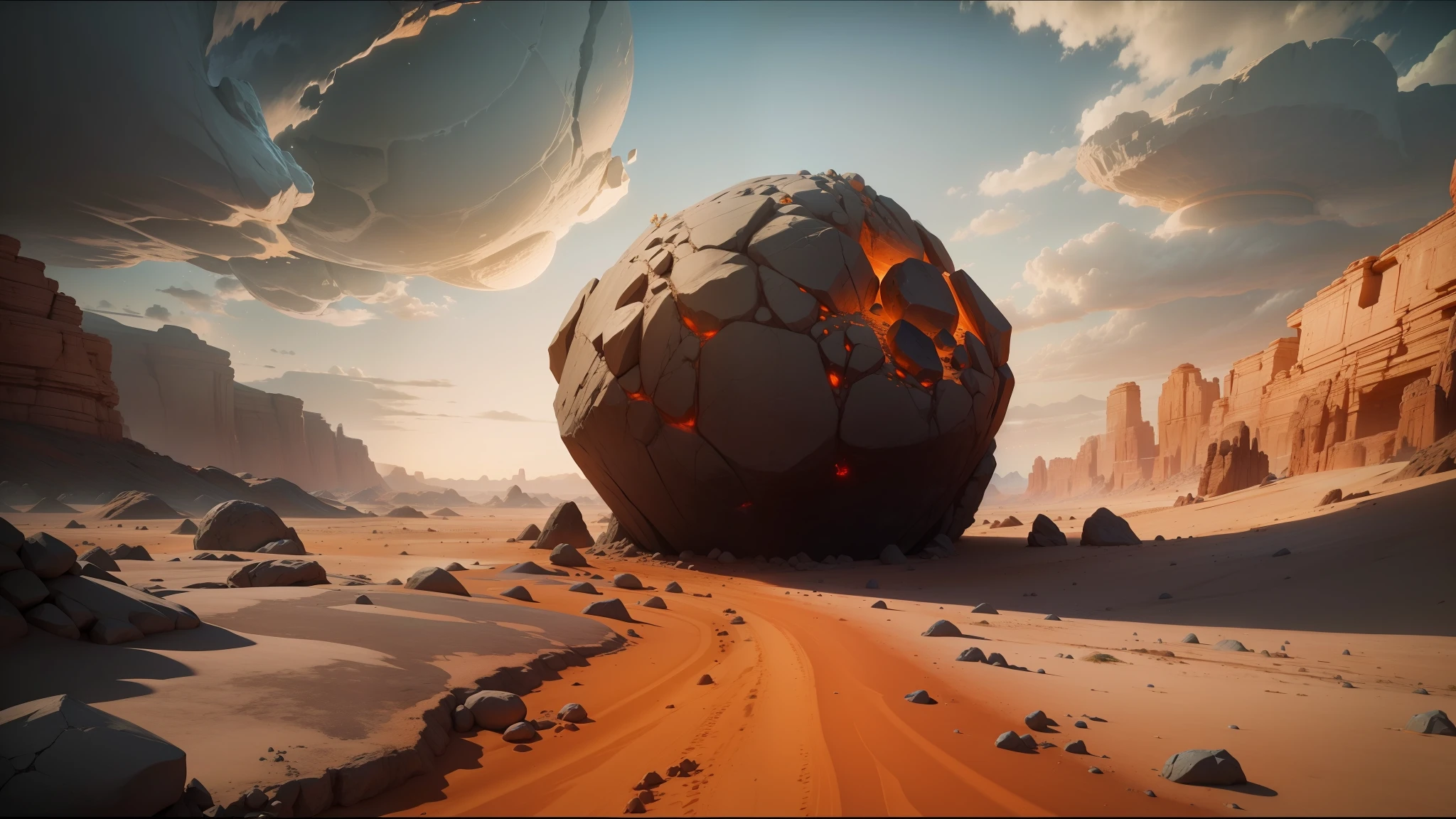 there is a large rock in the middle of a desert, unreal engine 5 showcase, jodorowsky's dune, by Erwin Bowien, video game screenshot>, asteroids, siggraph, 2 0 1 9, a large sphere of red energy, video game assets, inspired by Matthijs Naiveu