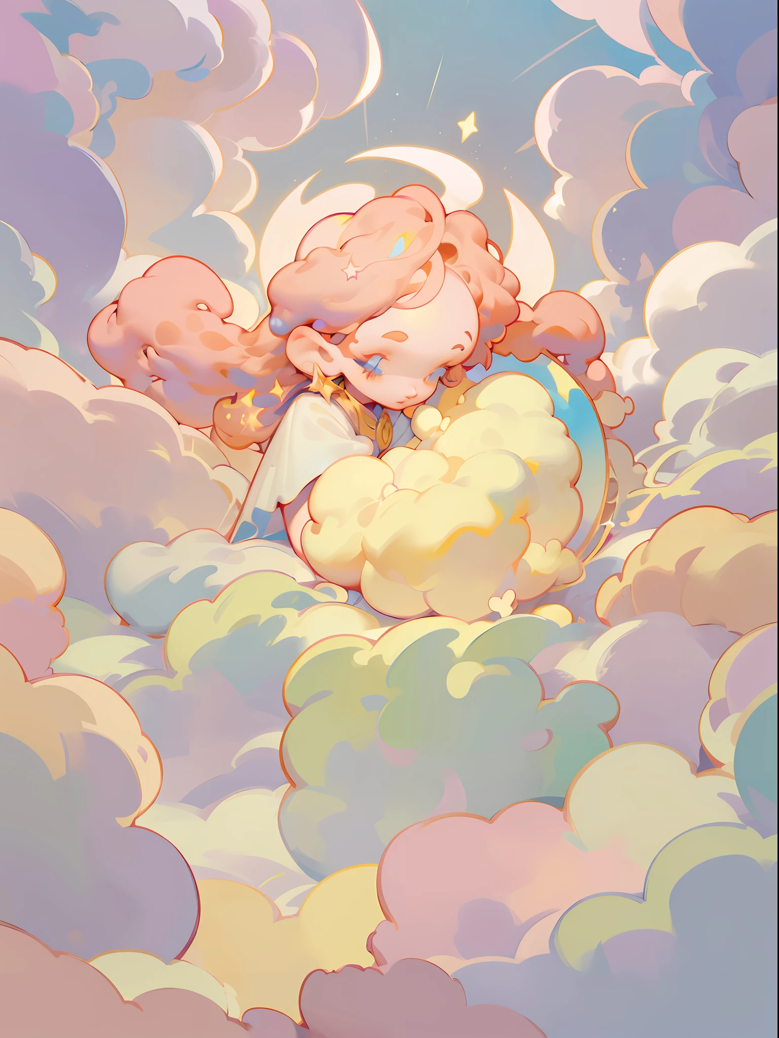 Angel lying in clouds, cute, warm, sunlight shining on him, in dark background, dynamic magic light golden flowing clouds, a, beautiful starry sky thick acrylic paint, soft lighting, bright, morning light, dreamy shadow, diorama style, illustration, fantasy style, pastel color, medieval, fantasy float, tyndall effect, 8K