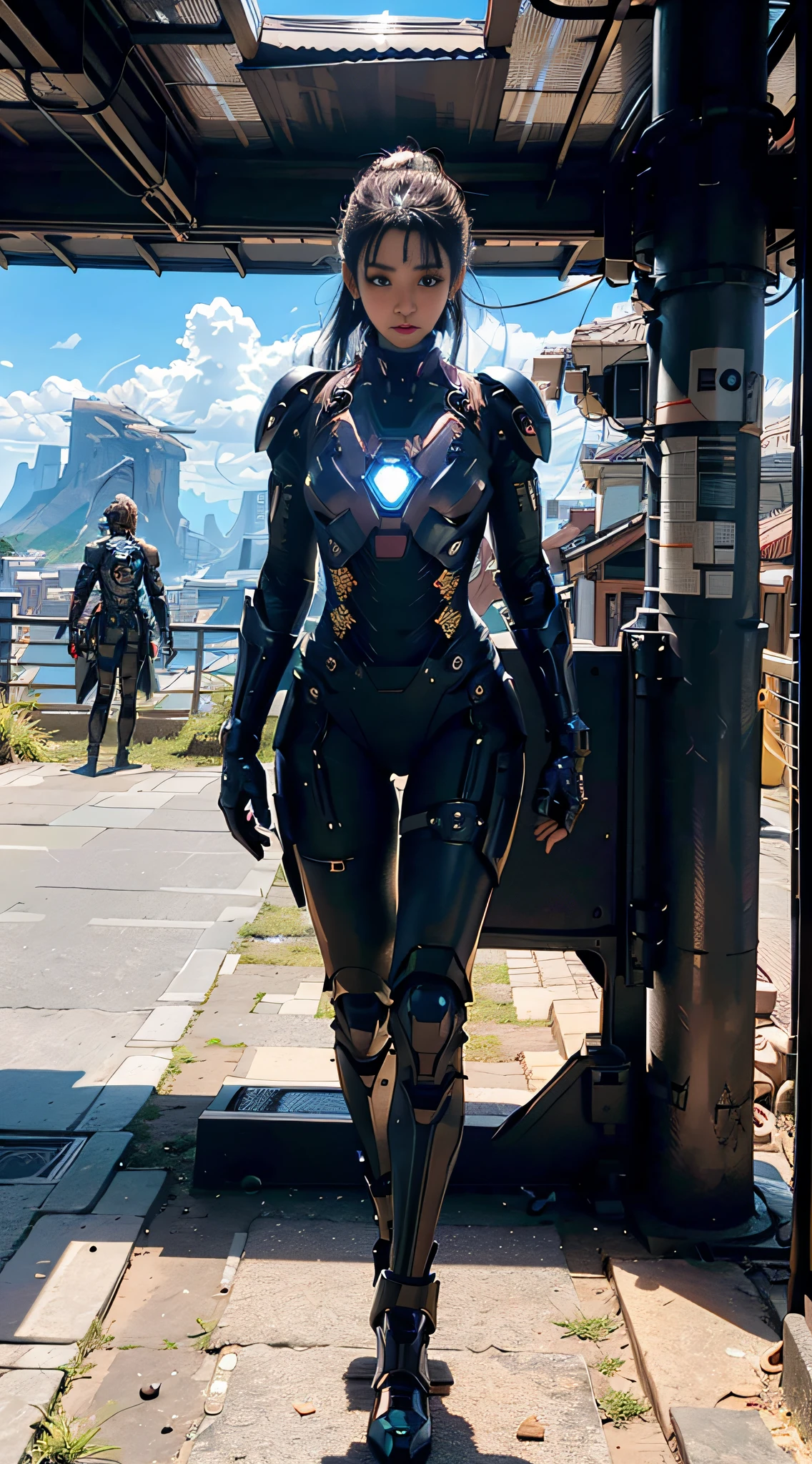 Realistic movie scene of a 20-year-old woman standing full body in a cyberpunk barren with stunning cloudscapes. (wearing an Iron Man mech) on her insanely complex anatomically adapted (graphene: 1.1) biomechanically symmetrical arms and biomechanically symmetric legs. Extremely detailed, elegant and ornate symmetrical fractal detail with Kyanite gemstone. Scene captured with bright soft natural light, dramatic shadows and beautiful vibrant colors. Romantic art style. 8k resolution image with cyberpunk style, intricate symmetrical details. The whole picture is indomitable and heroic. It is mainly a complete picture of a man standing with his whole body, smooth movements and confident expression.