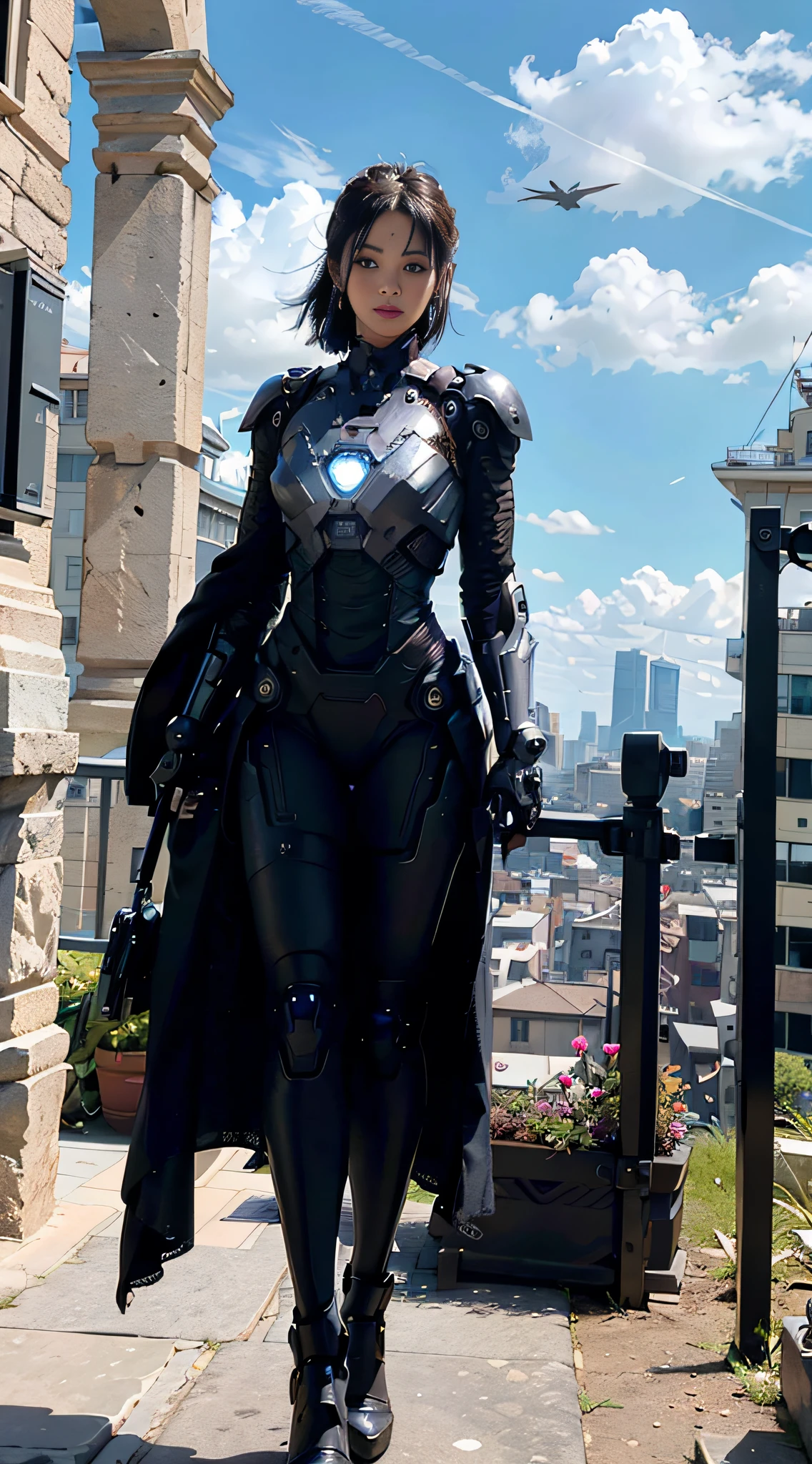 Realistic movie scene of a 20-year-old woman standing full body in a cyberpunk barren with stunning cloudscapes. (wearing an Iron Man mech) on her insanely complex anatomically adapted (graphene: 1.1) biomechanically symmetrical arms and biomechanically symmetric legs. Extremely detailed, elegant and ornate symmetrical fractal detail with Kyanite gemstone. Scene captured with bright soft natural light, dramatic shadows and beautiful vibrant colors. Romantic art style. 8k resolution image with cyberpunk style, intricate symmetrical details. The whole picture is indomitable and heroic. It is mainly a complete picture of a man standing with his whole body, smooth movements and confident expression.