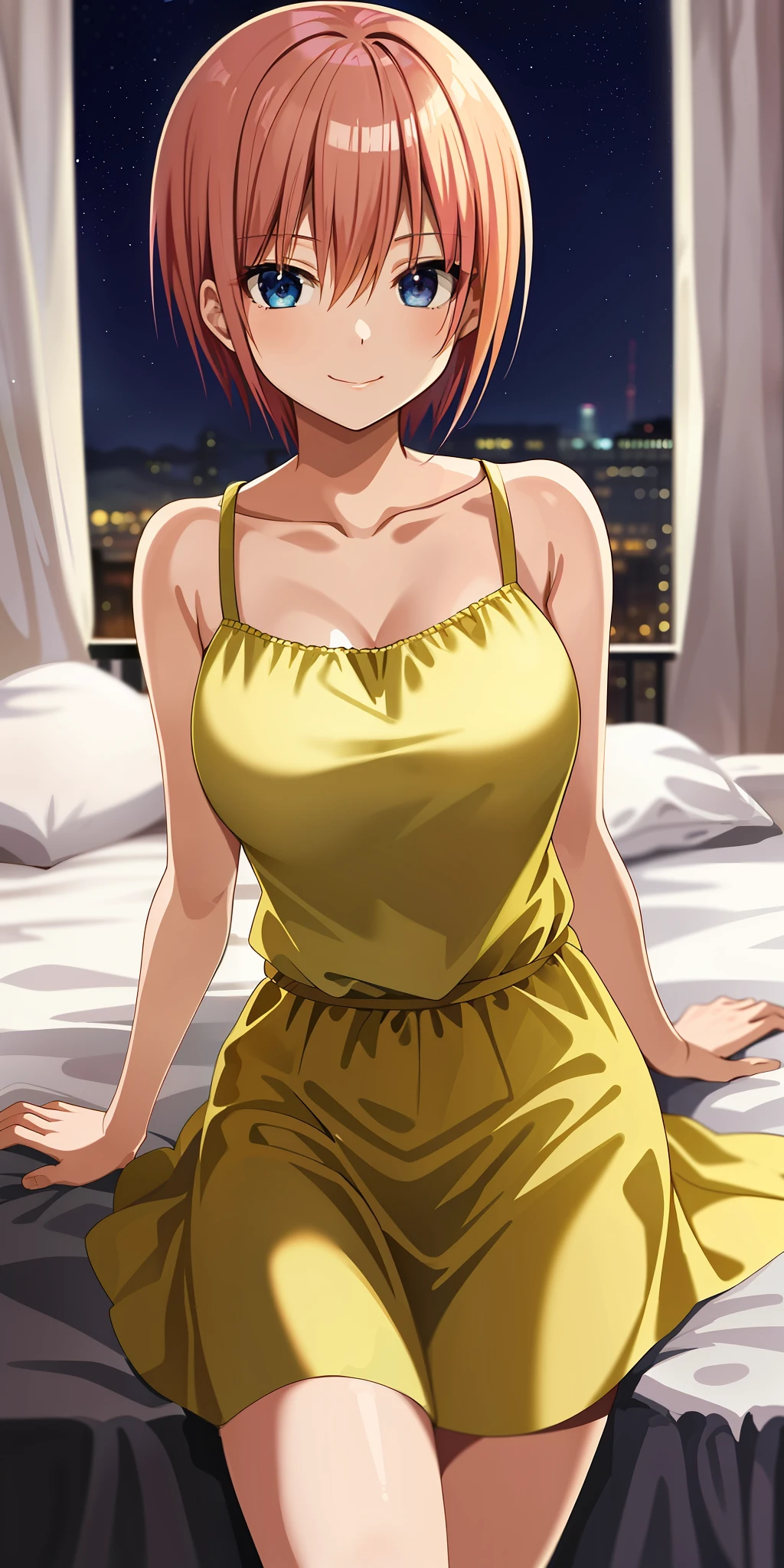 2d, masterpiece, best quality, anime, highly detailed, 1girl, solo, cowboy shot, nakano ichika, pink hair, short hair, night dress, collarbone, medium breasts, smile, bedroom, sit, sexy pose,