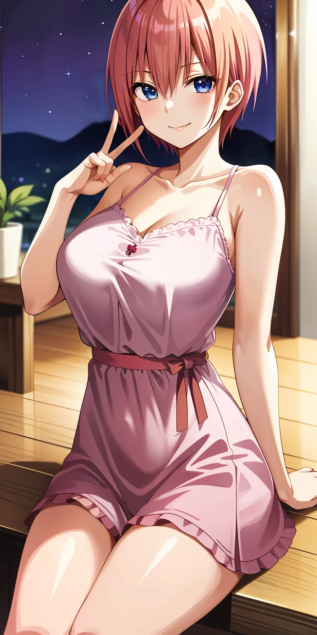 2d, masterpiece, best quality, anime, highly detailed, 1girl, solo, cowboy shot, nakano ichika, pink hair, short hair, night dress, collarbone, medium breasts, smile, bedroom, sit, sexy pose,