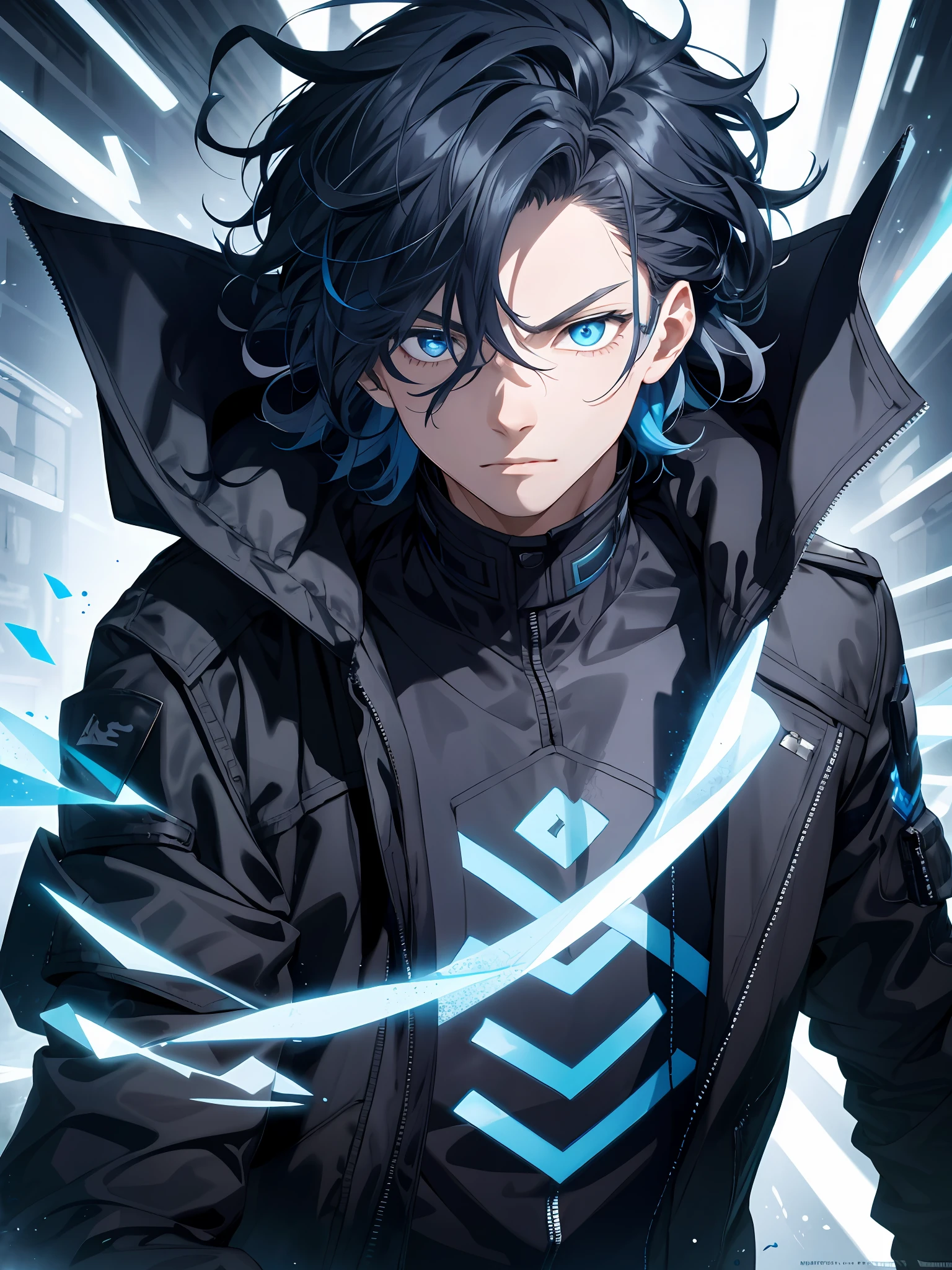 1boy,wearing a black jacket with blue energy running throughout the jacket,blue outlines on the jacket,deep blue eyes, wavy messy unkept hair, ultra detailed eyes, glowing eyes, highest quality digital art, Stunning art, wallpaper 4k, highly detailed,BREAK