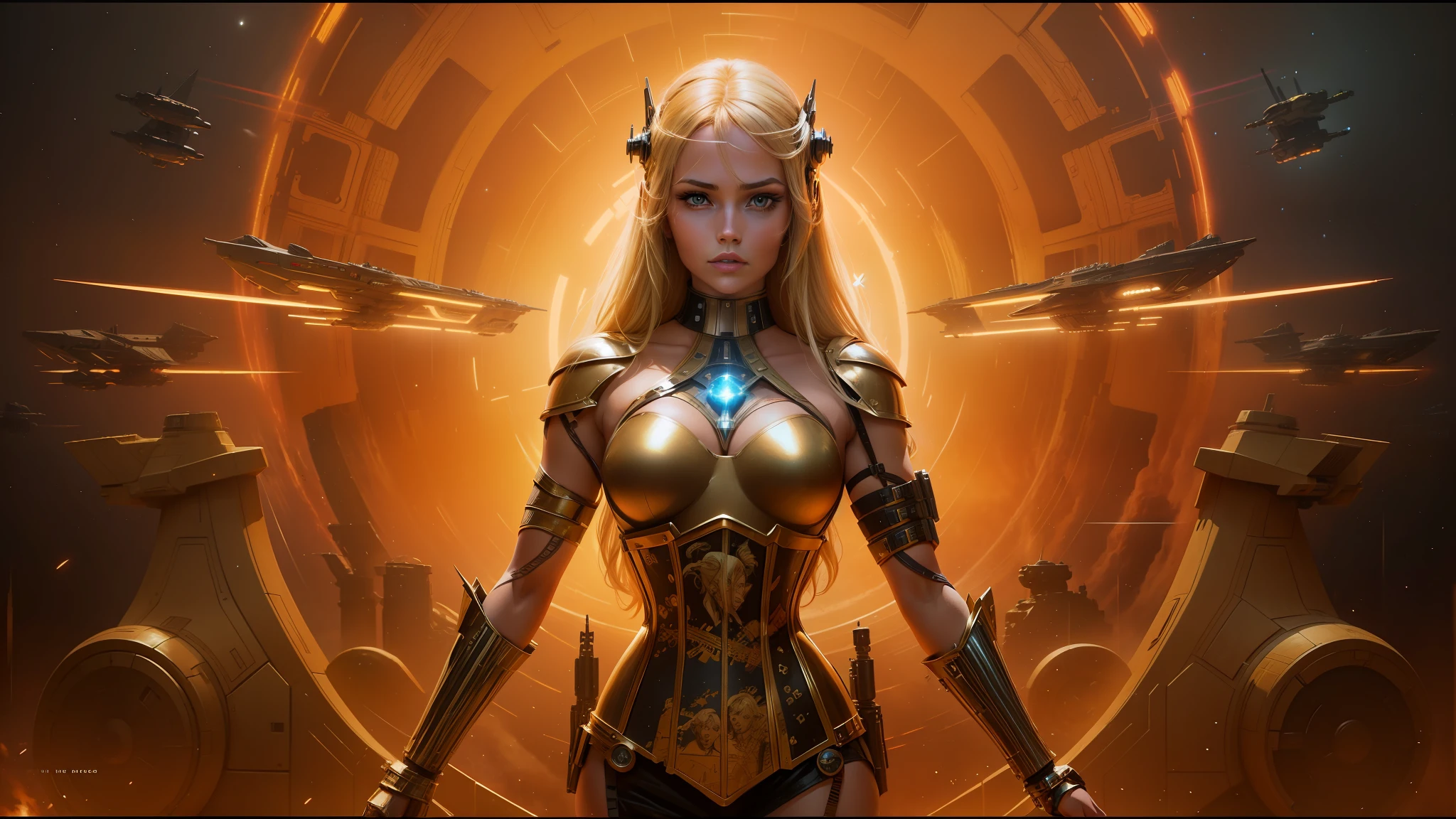 blond woman in a corset and star wars costume with spaceships in the background, inspired by ken kelly, album art for a trance dj, rendering of beauty pageant, still frame from a movie, weaponized, 7 0 s, brown armor, power pose, portrait of an ai, eve --ar 16:9 --v 5.1