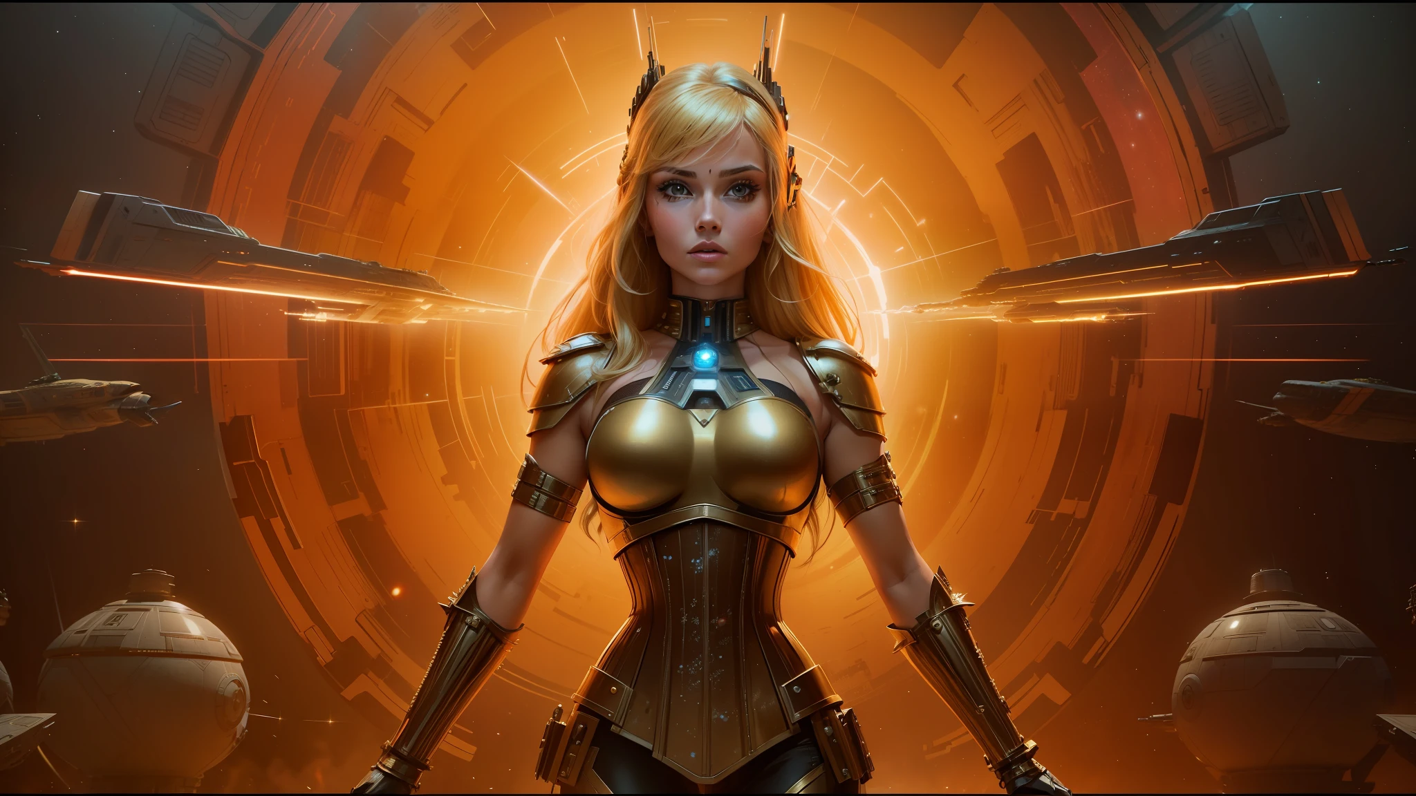 blond woman in a corset and star wars costume with spaceships in the background, inspired by ken kelly, album art for a trance dj, rendering of beauty pageant, still frame from a movie, weaponized, 7 0 s, brown armor, power pose, portrait of an ai, eve --ar 16:9 --v 5.1