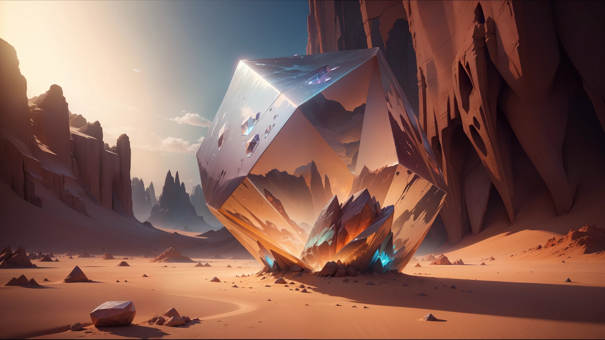 there is a large crystal in the middle of a desert, behance contest winner, cinema 4 d cinematica, trending on artstattion, alex grey and romero ressendi, barsoom, platonic solids, hyperrealism. fantasy 4k, anamorphic, by Gerard Houckgeest, impactful ambient, 4k still
