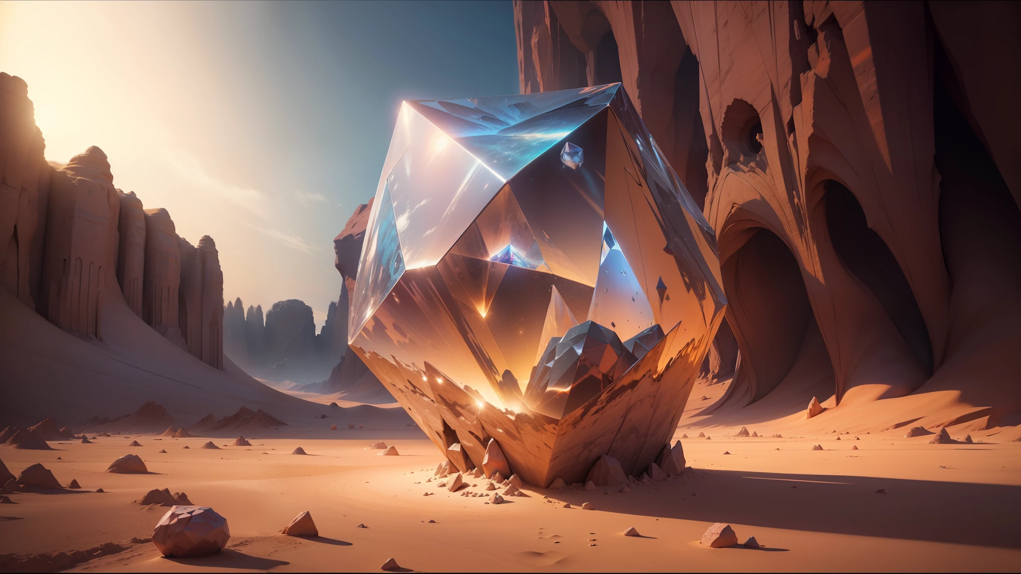 there is a large crystal in the middle of a desert, behance contest winner, cinema 4 d cinematica, trending on artstattion, alex grey and romero ressendi, barsoom, platonic solids, hyperrealism. fantasy 4k, anamorphic, by Gerard Houckgeest, impactful ambient, 4k still