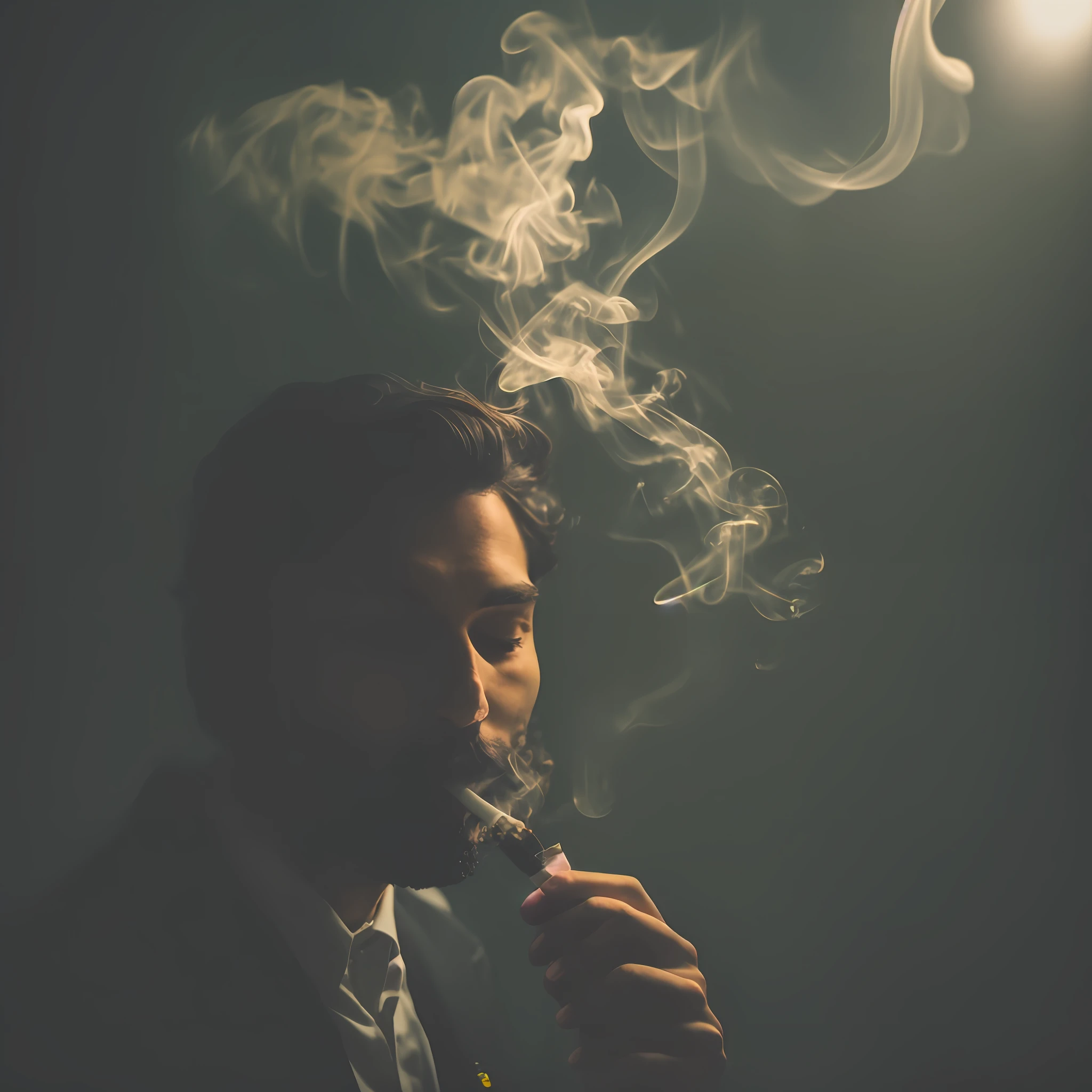 Man blowing cannabis in a dark room, a large amount of smoke coming out of his mouth, holding a cigarette in his hand, one man, dandy,