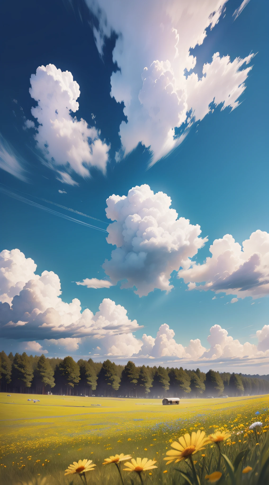 Summer grassland, meadow, a few small flowers, large clouds, blue sky, hot weather, HD detail, hyper detail, film, realism, soft light, deep field focus bokeh, ray tracing, mobile wallpaper.