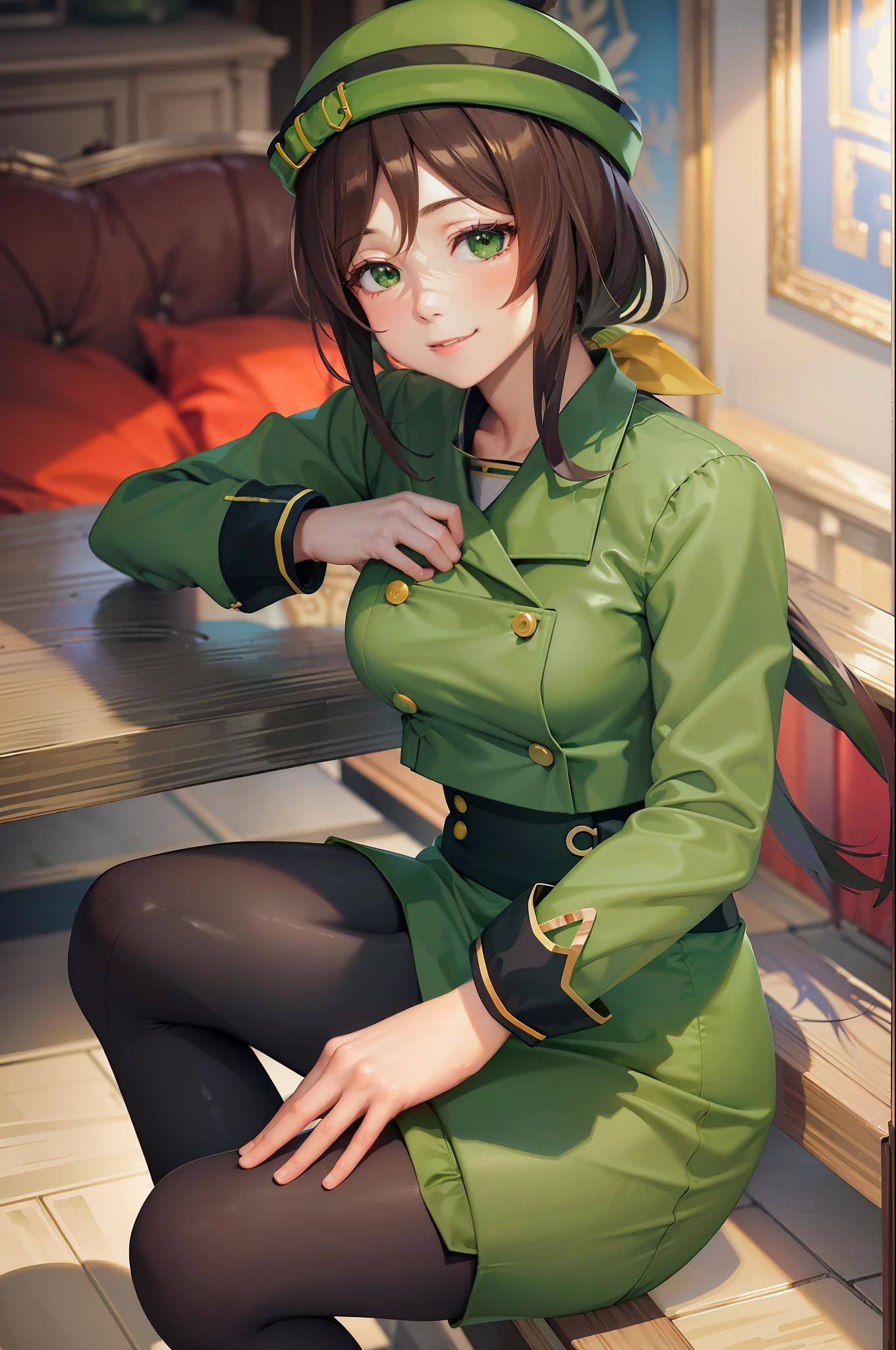 (masterpiece, best quality:1.2), solo, 1girl, hayakawa tazuna, smile, closed mouth, looking at viewer, sitting, low ponytail, green headwear, green jacket, green skirt, pantyhose
