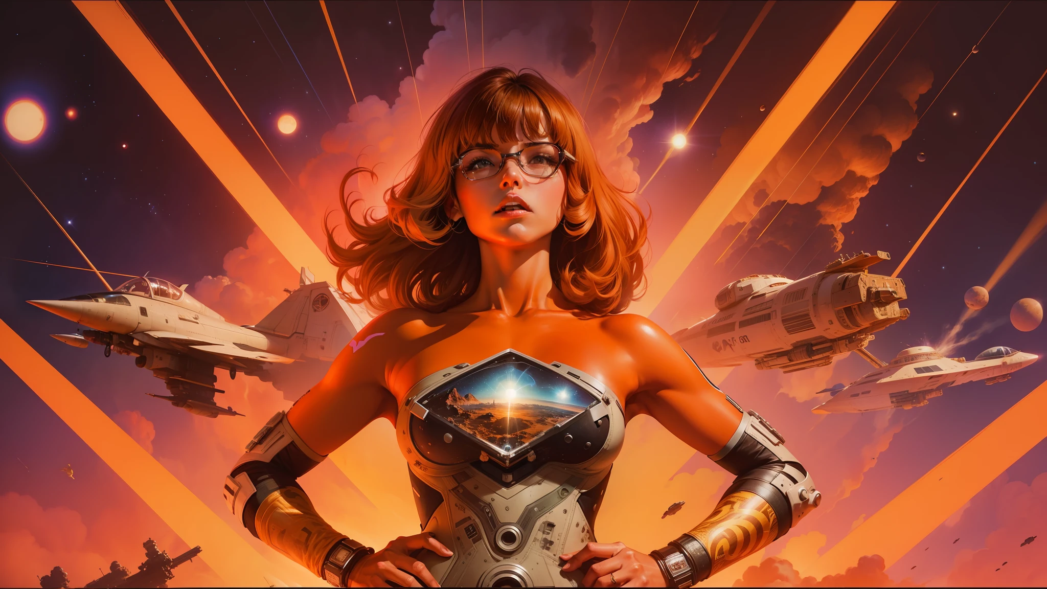 arafed image of a woman in a space suit with a camera, les edwards poster art, into glory ride, featured on vimeo, velma, ebay listing thumbnail, style of guido crepax, joshua middleton and artgerm, anamorphic widescreen, french bob, style of john berkey, blu - ray --ar 16:9 --v 5.1