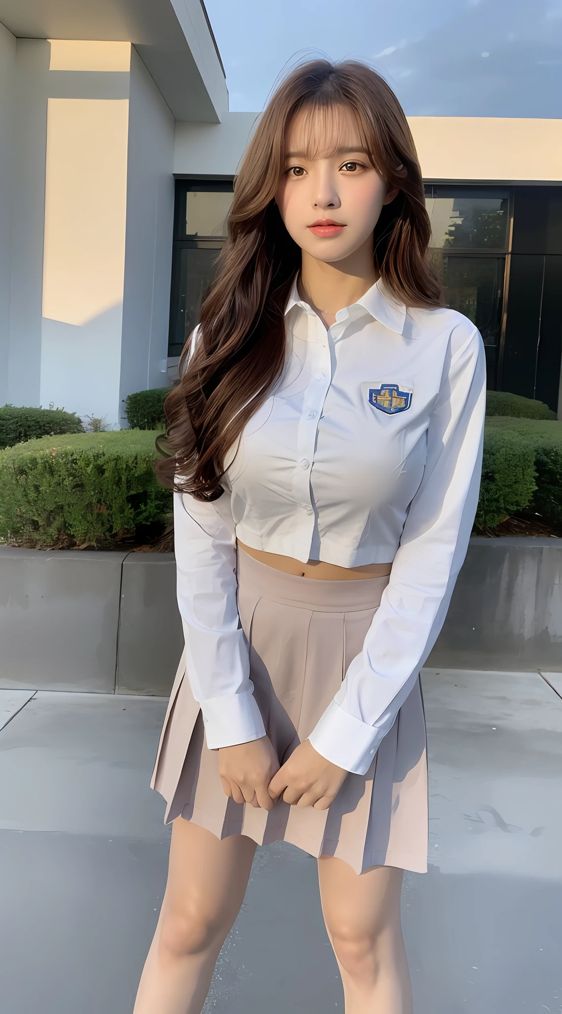 ((Realistic lighting, Best Quality, 8K, Masterpiece: 1.3)), Clear Focus: 1.2, 1girl, Perfect Body Beauty: 1.4, Slim Abs: 1.1, ((Brown hair, Big Breasts: 1.8)), Cowgirl Pose, (Outdoor, Night: 1.1), School Street, Super Fine Face, Fine Eyes, Double Eyelids, Curly Hair, Student Uniform, Full Body Shot