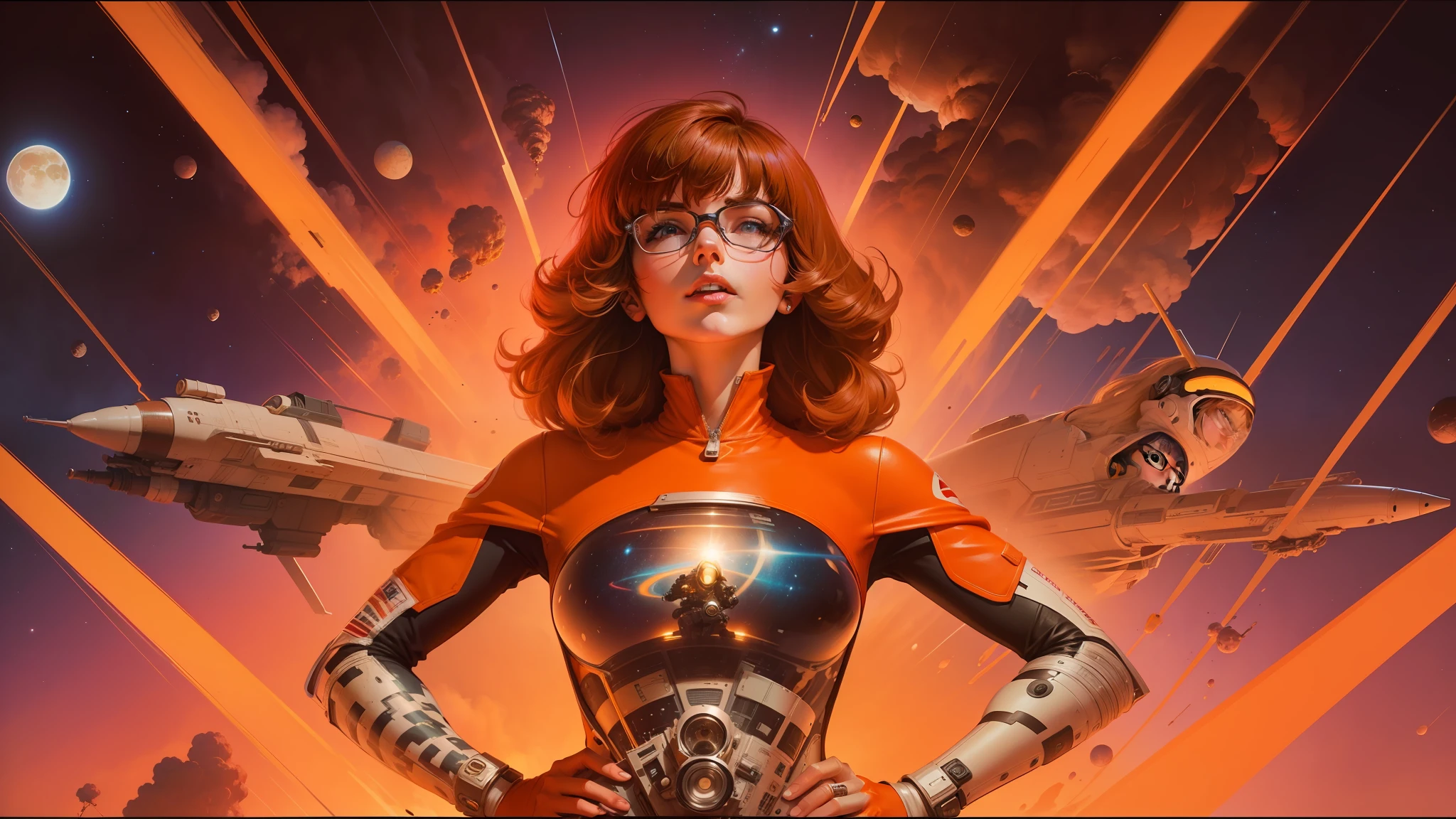 arafed image of a woman in a space suit with a camera, les edwards poster art, into glory ride, featured on vimeo, velma, ebay listing thumbnail, style of guido crepax, joshua middleton and artgerm, anamorphic widescreen, french bob, style of john berkey, blu - ray --ar 16:9 --v 5.1