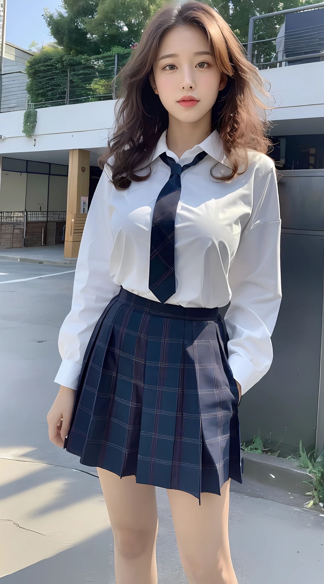 ((Realistic lighting, Best Quality, 8K, Masterpiece: 1.3)), Clear Focus: 1.2, 1girl, Perfect Body Beauty: 1.4, Slim Abs: 1.1, ((Brown hair, Big Breasts: 1.8)), Cowgirl Pose, (Outdoor, Night: 1.1), School Street, Super Fine Face, Fine Eyes, Double Eyelids, Curly Hair, Student Uniform, Full Body Shot