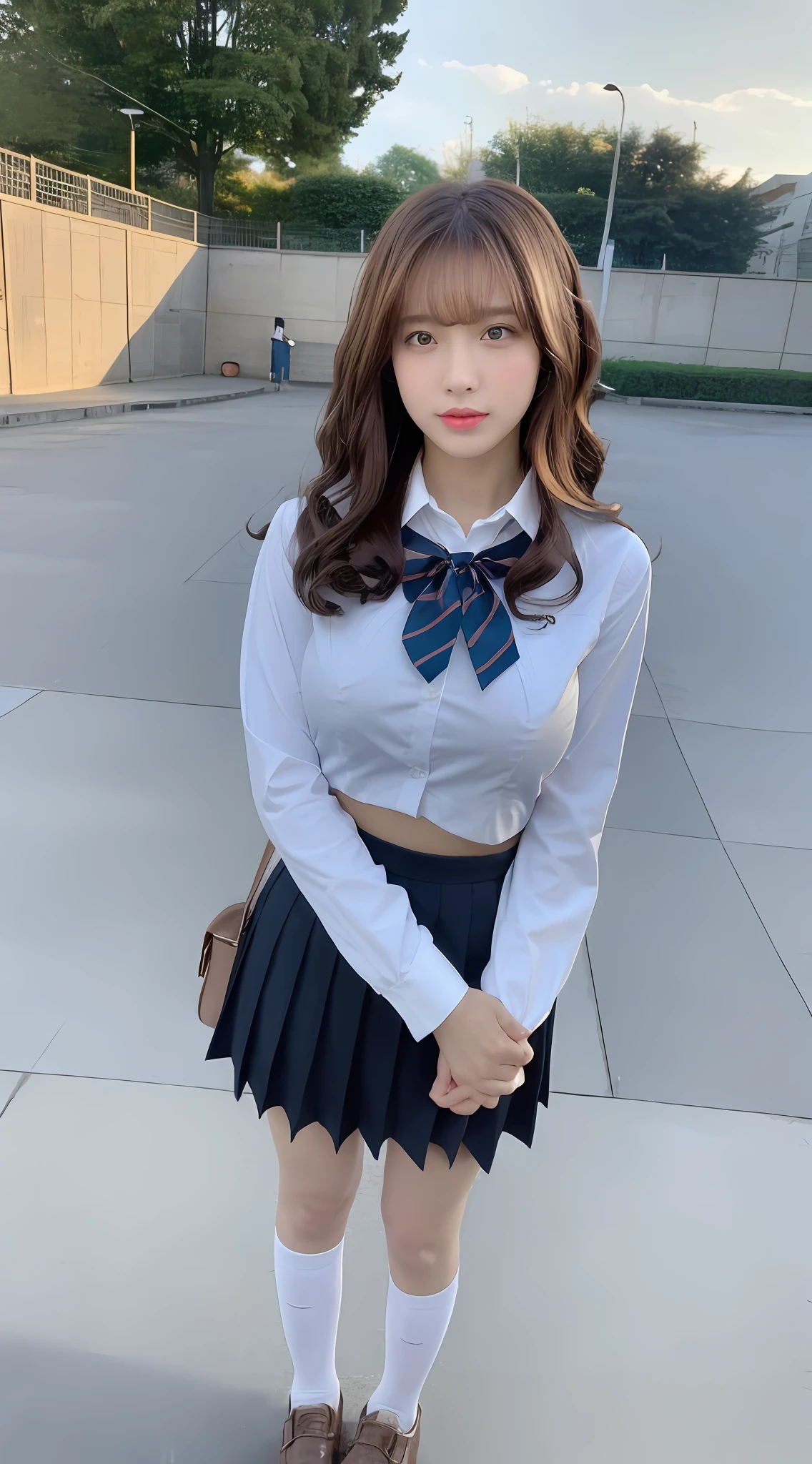 ((Realistic lighting, Best Quality, 8K, Masterpiece: 1.3)), Clear Focus: 1.2, 1girl, Perfect Body Beauty: 1.4, Slim Abs: 1.1, ((Brown hair, Big Breasts: 1.8)), Cowgirl Pose, (Outdoor, Night: 1.1), School Street, Super Fine Face, Fine Eyes, Double Eyelids, Curly Hair, Student Uniform, Full Body Shot
