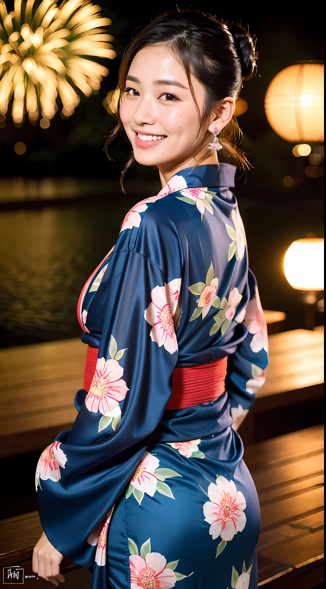 ((Best Quality, 8K, Masterpiece: 1.3, 1girl)), Beautiful Girl, Ultra-detailed face and skin texture, Detailed Lips, Detailed Tongue, Photorealistic, raw photo, (dark rust-colored wave short hair), big, Toned abdomen, big round buttocks, double eyelids, moist lips, big earrings, moles around the eyes, yukata, kimono, small bunted hair, beautiful nape, fireworks, smile, wide open mouth, looking back, sweaty body: 2.0, sheer panty shape: 2.0, sheer nipple shape: 2.0