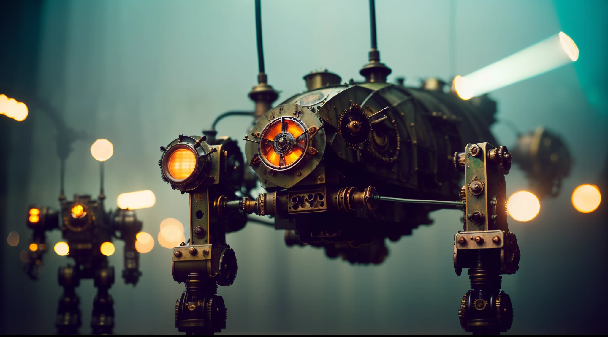 there is a close up of (((hundreds)) of tiny cute vintage dusty rusty untidy stained steampunk ((mechas)) marching in the forest, army of mecha, lots of robots, ((cables)), wires, copper pipes, brass rivets, nixie tubes, retro effect, vintage saturation, retro vibe, retro feel, dieselpunk, retro stylised, , retro - vintage, industrial, back light, (((volumetric lights))), rays of light, depth of field, ambient occlusion, mist, midnight, extreme low angle shot, macro shot, focus, panoramic view, perspective, 8k, extreme high quality, ((masterpiece)), ((steampunk style)), lomo, lomo film, lomo photograph, 8k, ultra high quality, masterpiece