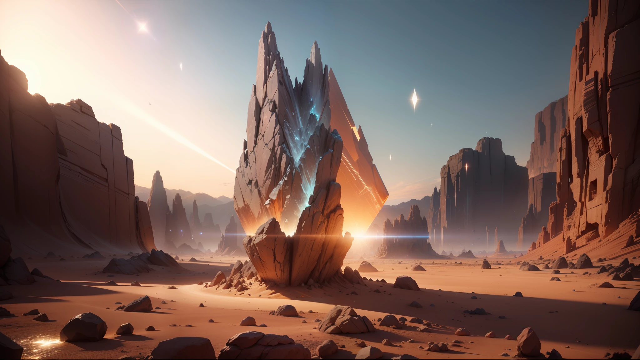 there is a large rock formation in the middle of a desert, 3 d cinematic volumetric light, floating symbols and crystals, style of gilles beloeil, raining glass shards, the - dark - crystal, fluid energy, colorful lens flares, by Jean Jouvenet, rendered in unreal