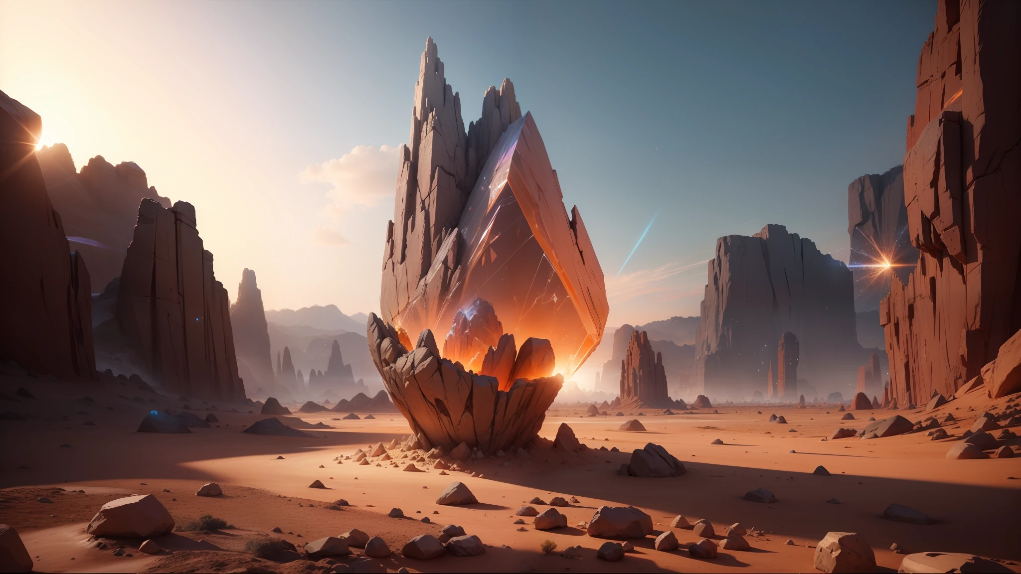 there is a large rock formation in the middle of a desert, 3 d cinematic volumetric light, floating symbols and crystals, style of gilles beloeil, raining glass shards, the - dark - crystal, fluid energy, colorful lens flares, by Jean Jouvenet, rendered in unreal